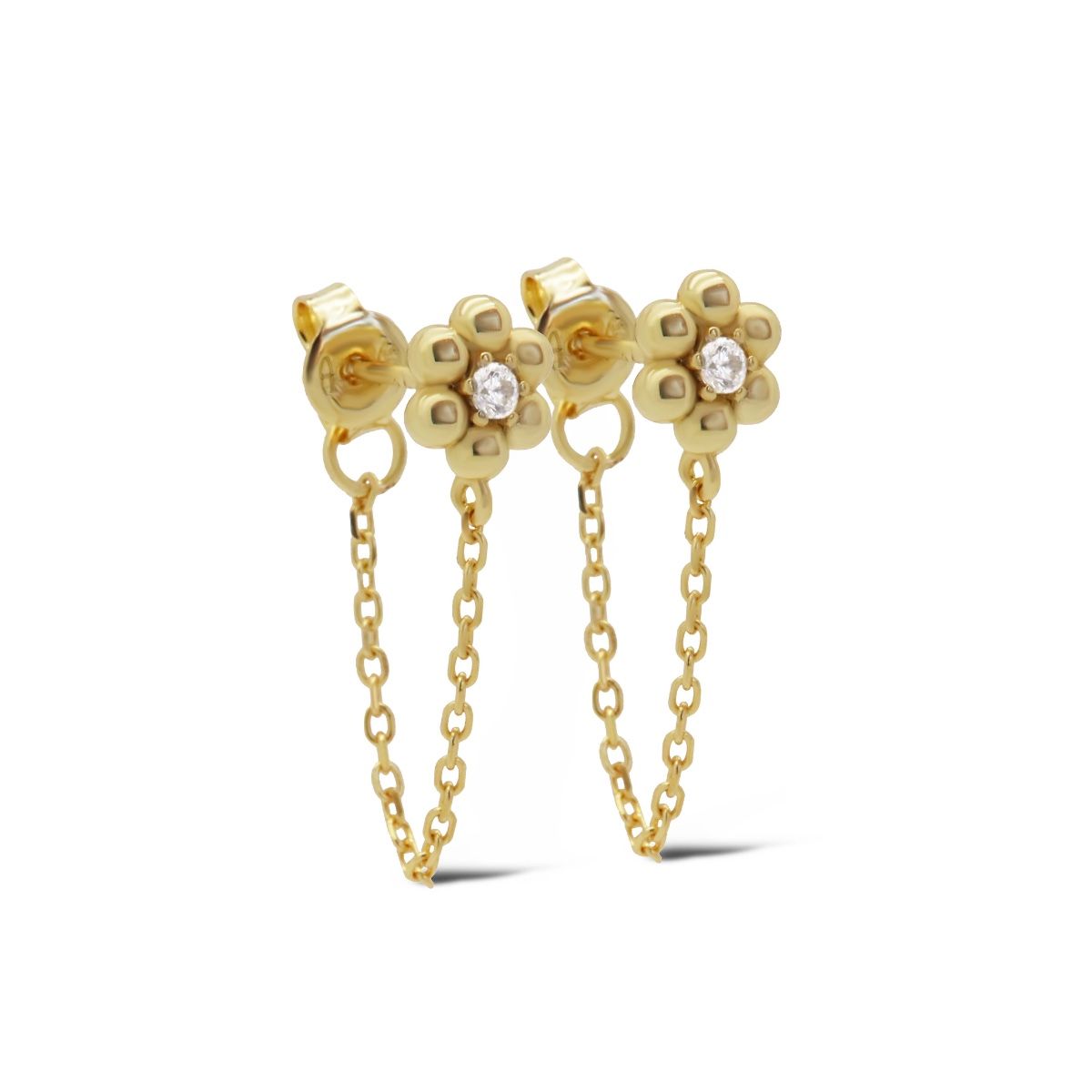 Dit zijn onze Chain JULLIEA Bloem Oorstekers. De oorbellen zijn verkrijgbaar in 925 sterling zilver of met een 14K gouden plating.
