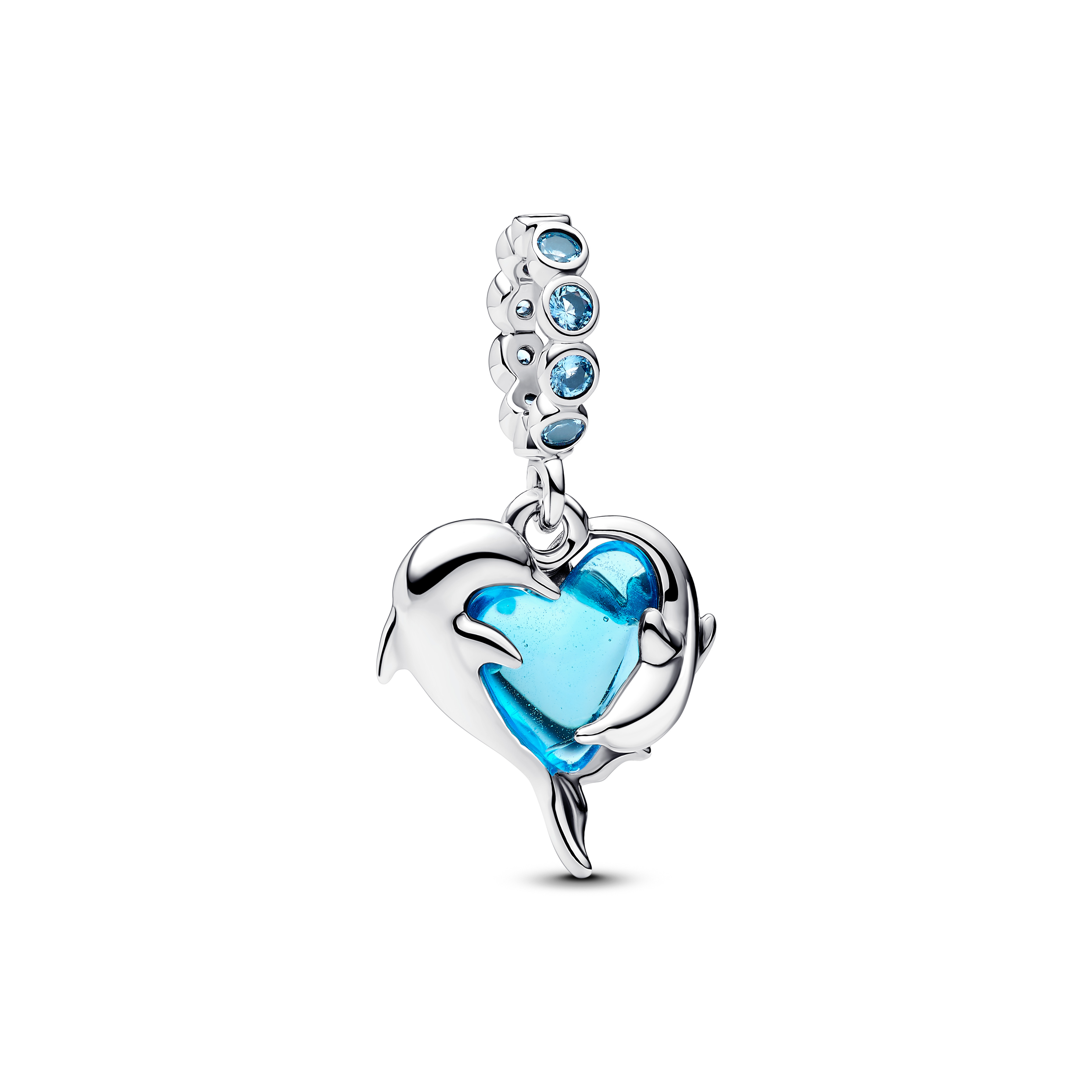 Zilveren bedel dolfijnen met aqua blauwe Murano glas