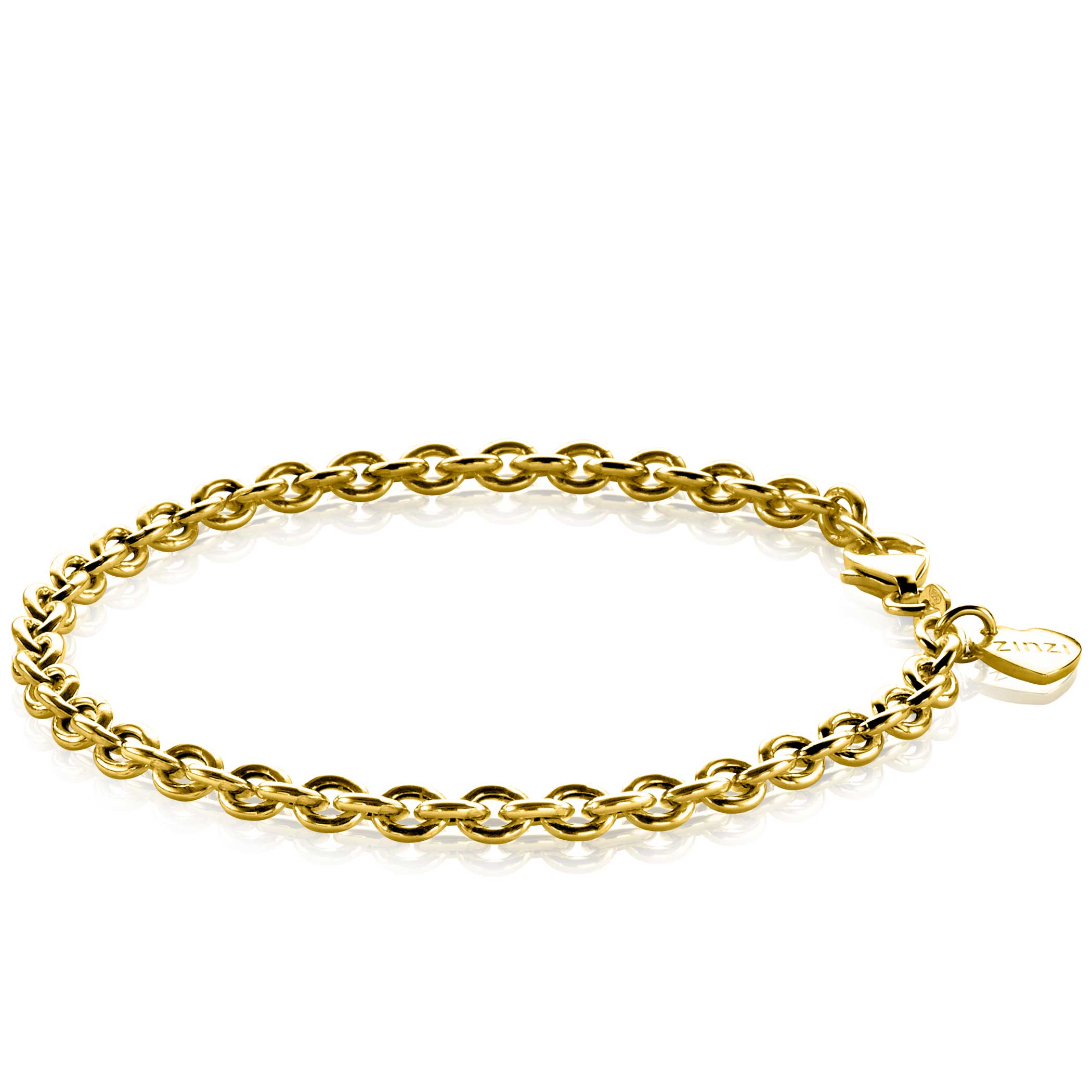 ZINZI zilveren geel vergulde anker armband (4mm breed). Met herkenbaar ZINZI hartje bij de sluiting. Gemakkelijk te combineren met andere armbanden. Vervaardigd van eerste gehalte zilver (925) en voorzien van een extra geelgoudkleurige laag.