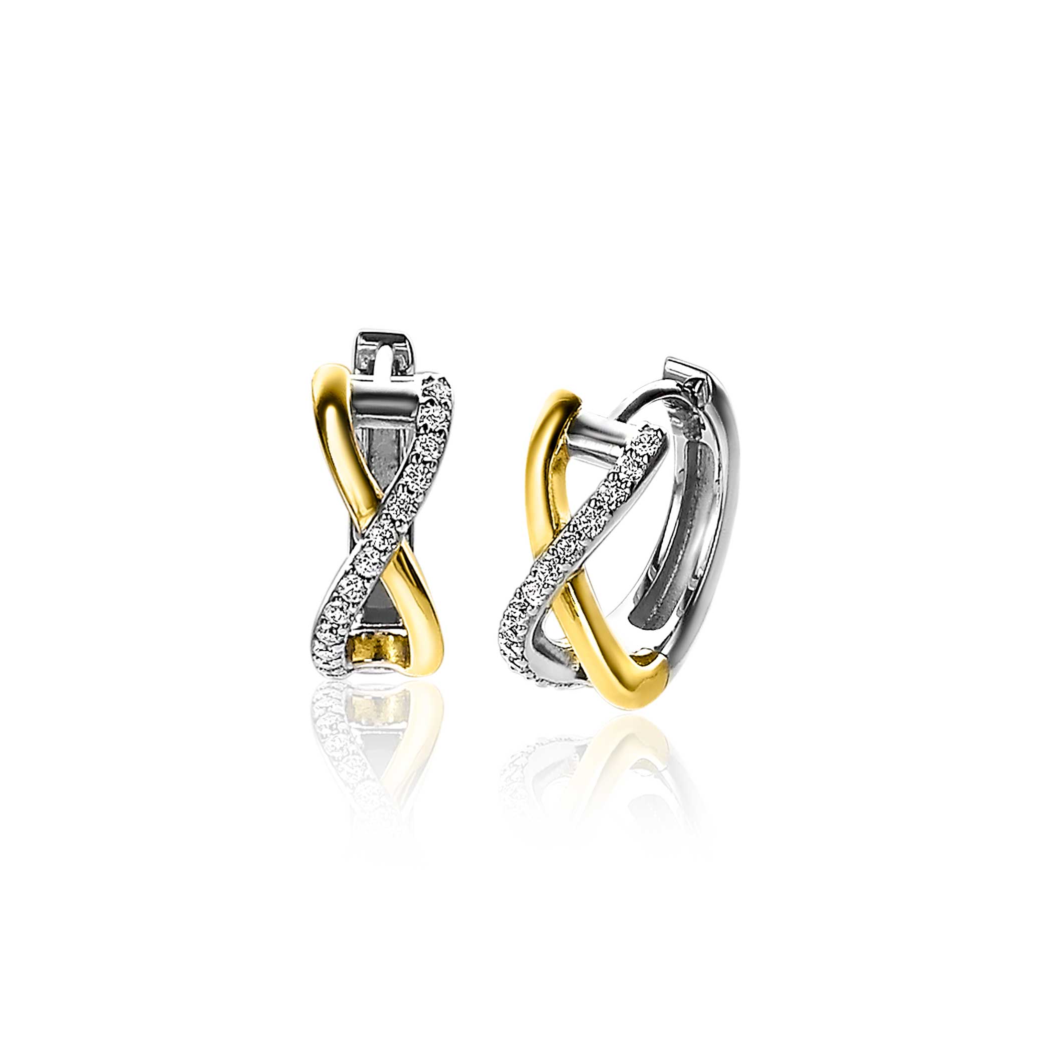 ZINZI zilver/geel vergulde oorringen (15x5m) met golvend cross-over design. De oorringen hebben één gladde extra 14K geel vergulde baan en één met witte zirkonia's bezette baan. Voorzien van luxe scharniersluiting.