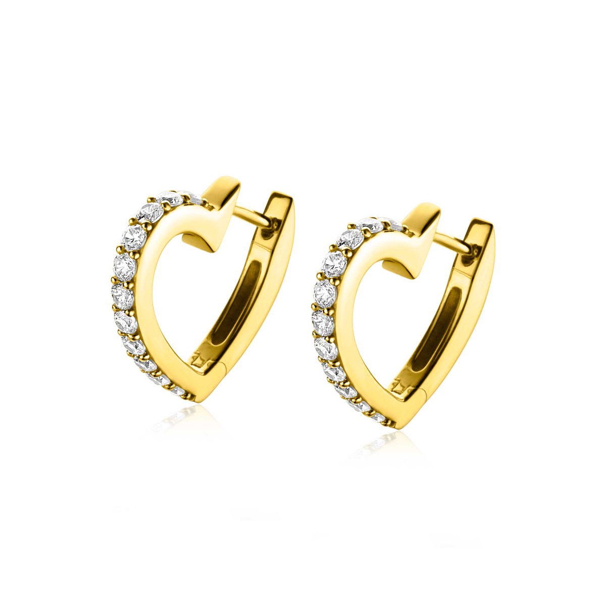 ZINZI gold plated zilveren luxe oorringen 17mm in hartvorm, bezet met witte zirconia's. Met luxe scharniersluiting. Deze oorringen zijn te combineren met al onze Zinzi oorbedels. Vervaardigd van eerste gehalte zilver (925) en voorzien van een extra 14K geel vergulding.