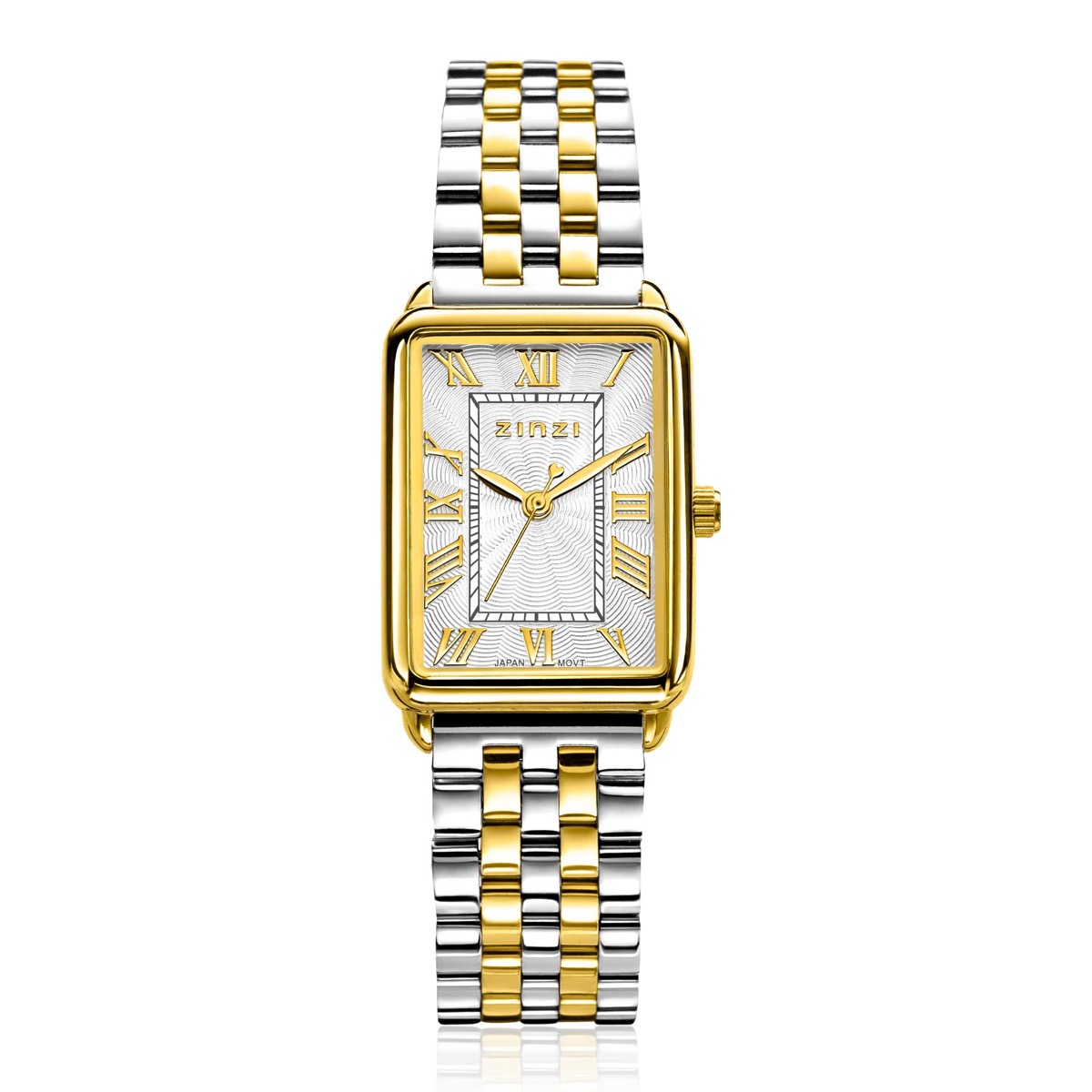 ZINZI Elegance bicolor horloge witte wijzerplaat en rechthoekige goudkleurige kast en bicolor stalen schakelband 28mm extra dun ZIW1907