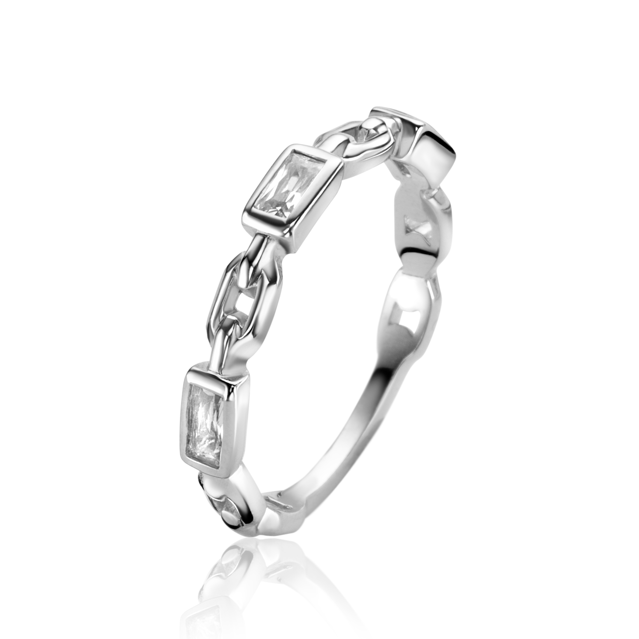 ZINZI zilveren aanschuifring met trendy paperclip-schakels en drie rechthoekige zettingen bezet met witte zirconia. Deze aanschuifring is gemakkelijk te combineren met je andere Zinzi ringen. Vervaardigd van eerste gehalte zilver (925) en voorzien van een extra rodiumlaag voor een langdurige glans.