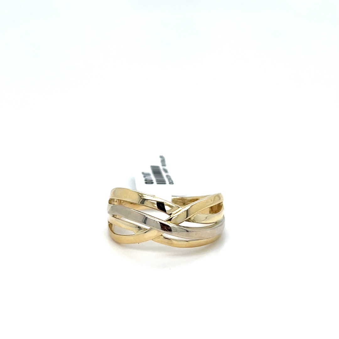 Occasion bicolor wit- en geelgoud 14 karaat crossover ring