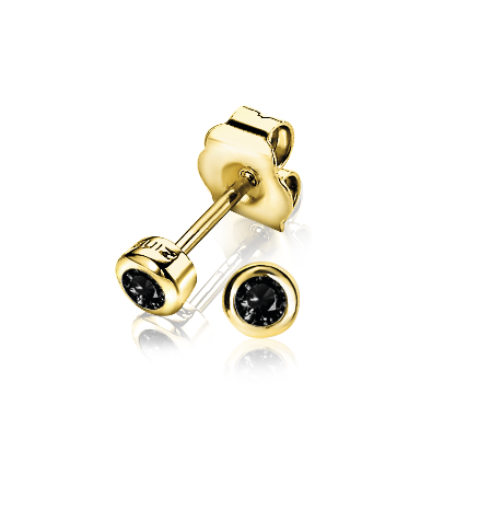 ZINZI gold plated zilveren ronde oorknopjes bezet met zwarte zirconia's. De oorknopjes zijn 4mm groot. De oorsieraden zijn vervaardigd van eerste gehalte zilver (925) en extra 14K geel verguld.
