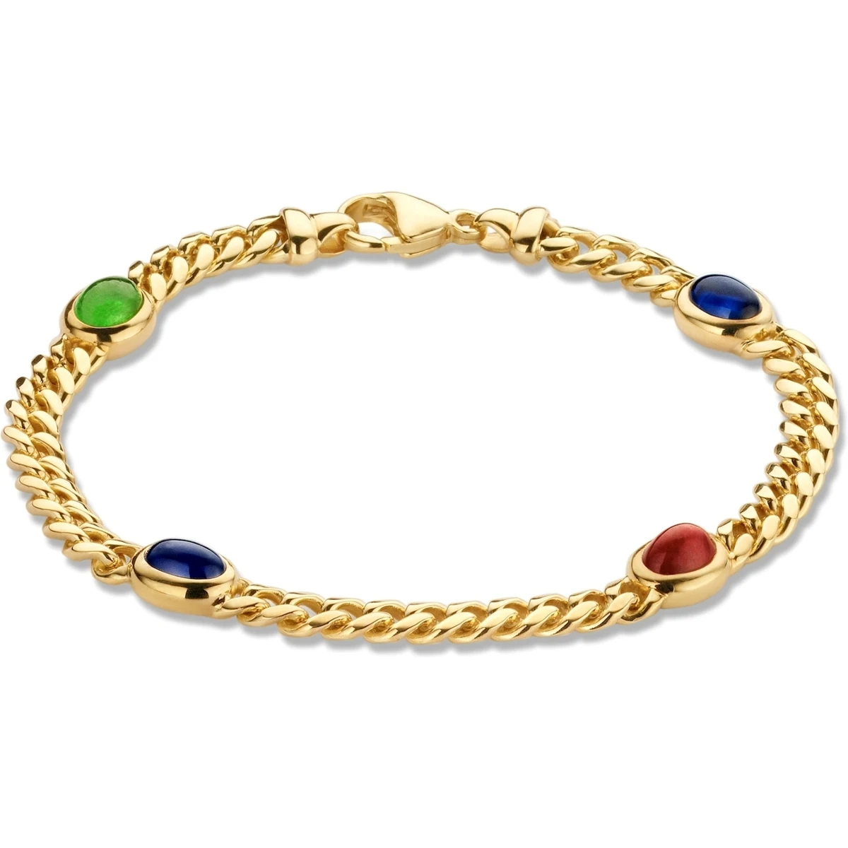 14k geelgoud Maxima armband gourmet schakel met 4 cabochon geslepen stenen, robijn, smaragd en saffier(2X)