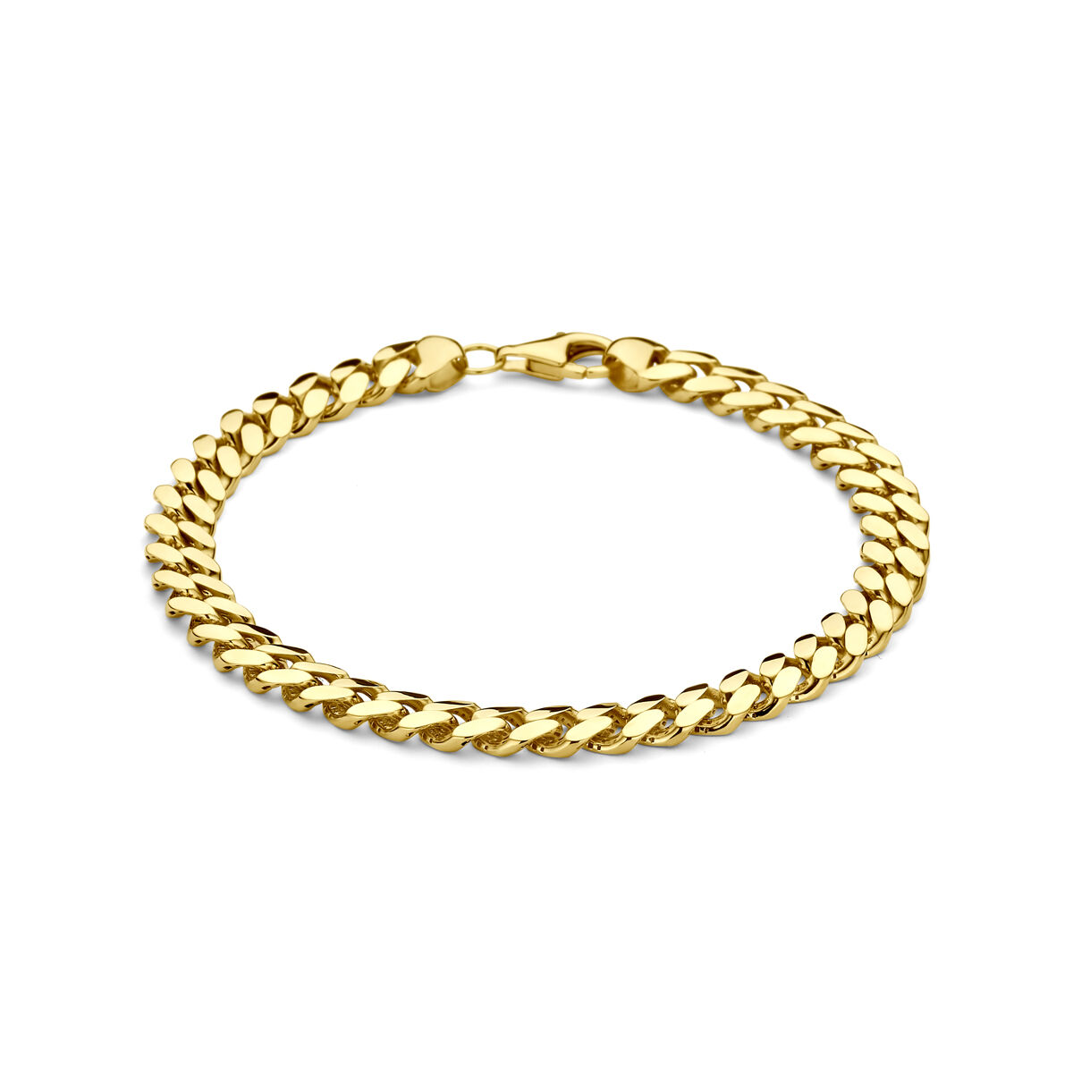 37480005120G 14k Geelgouden armband uitgevoerd met een gourmette schakel van 8mm. De armband heeft een draaglengte van 20cm.
