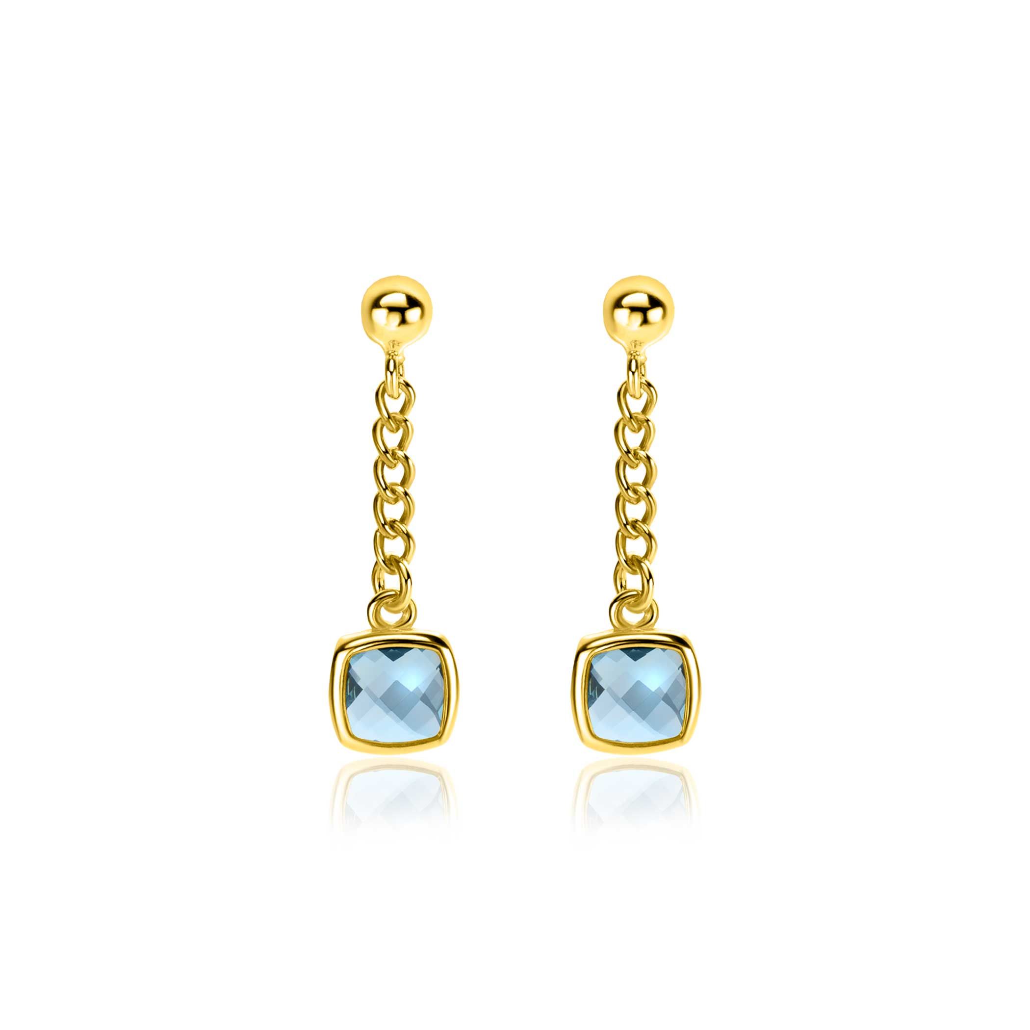 ZINZI gold plated zilveren oorstekers 25mm met gourmet kettinkje en vierkante zetting bezet met indigo blauwe kleursteen. De gourmet schakels zijn 2,5mm breed. Vervaardigd van eerste gehalte zilver (925) en extra geelverguld.