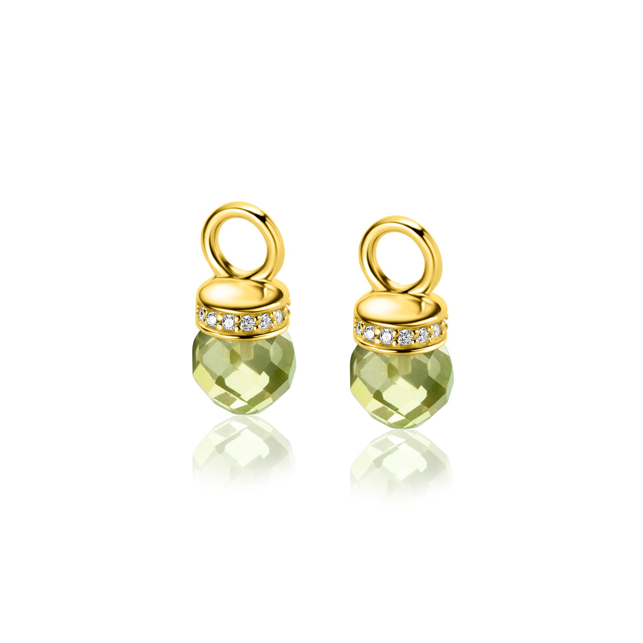 ZINZI gold plated zilveren oorbedels 15mm met ronde groene peridot en rond de top bezet met witte zirconia's. Hang ze sierlijk aan je Zinzi oorringen. De oorringen zijn niet bij de prijs inbegrepen. Vervaardigd van eerste gehalte zilver (925) en extra geelverguld.