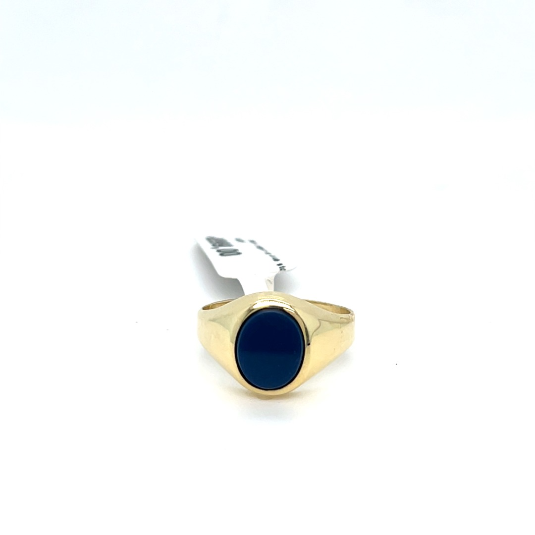 Occasion 14 karaat geel gouden zegelring met blauwe lagensteen 