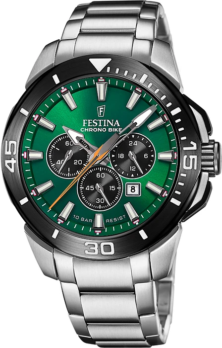 Op zoek naar een stoere en sportieve horloge die perfect past bij elke gelegenheid? Dan is de FESTINA F20641/A CHRONOBIKE het perfecte horloge voor jou! Dit prachtige horloge heeft een analoge tijdaanduiding en een quartz uurwerk, wat zorgt voor een nauwkeurige en betrouwbare tijdmeting.

De diameter van de kast van dit horloge is 47 mm en de hoogte is 12 mm, waardoor het horloge een stoere uitstraling heeft. De vorm van de behuizing is rond en de kleur van de behuizing is zilverkleurig. De behuizing is gemaakt van roestvrij staal, wat zorgt voor een duurzaam en kwalitatief horloge.

De wijzerplaat van de FESTINA F20641/A CHRONOBIKE is groen van kleur en het glas is gemaakt van mineraal, wat zorgt voor een krasbestendige bescherming van de wijzerplaat. De kleur van de band is zilverkleurig en de band is gemaakt van roestvrij staal, wat zorgt voor een comfortabele pasvorm om de pols.

Dit horloge beschikt over een datumweergave, waardoor je altijd op de hoogte bent van de juiste datum. Daarnaast is de FESTINA F20641/A CHRONOBIKE waterdicht tot 10 bar, wat betekent dat je er mee kunt zwemmen zonder problemen. De sluiting van dit horloge is een vlinder- of vouwsluiting, wat zorgt voor een veilige en stevige sluiting om de pols.

De FESTINA F20641/A CHRONOBIKE is een horloge van het merk Festina, wat bekend staat om zijn kwalitatieve en stijlvolle horloges. Koop dit horloge bij een officieel verkooppunt en geniet van de stoere uitstraling en betrouwbare kwaliteit van de FESTINA F20641/A CHRONOBIKE!