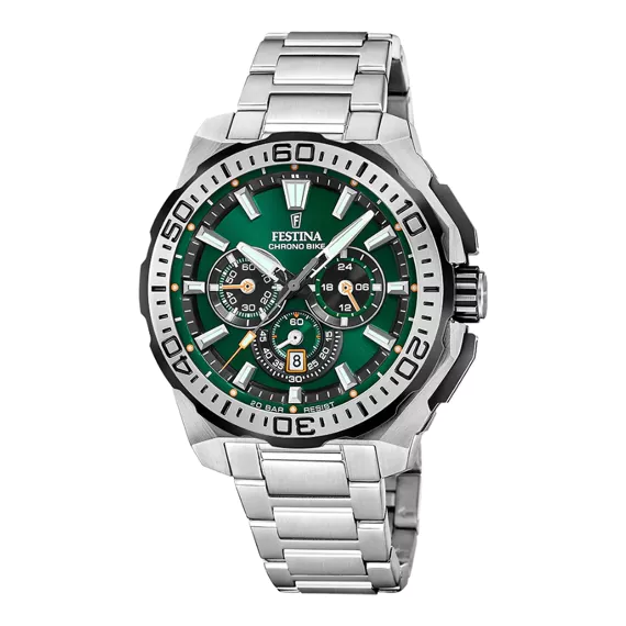 - Analoog / Chronograaf
- Quartz uurwerk
- Edelstalen kast
- Groene wijzerplaat met zwarte en oranje accenten
- Lichtgevende wijzers en Index
- Uren / Minuten / Seconden / Datum / Chronograaf / 24-uurs aanduiding
- Mineraal glas
- Waterdicht tot 20 ATM
- Diameter 45,5 mm
​- Dikte kast ca. 14,4 mm
- Stalen band
- Breedte band: 21,95 mm
- Vouwsluiting
- 2 jaar garantie
Levering met origineel garantiebewijs en in een speciale Festina Watch Tour Chrono box!