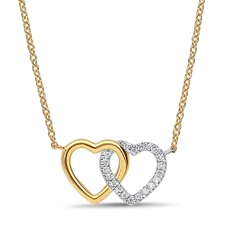 Gouden (14 karaat) verfijnd collier met dubbele hart hanger