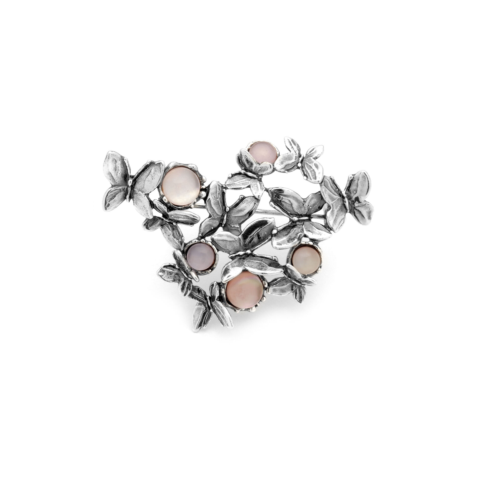 Sterling silver and pink mother of pearl doublet with quartz
Height 42 mm
Length 60 mm
Back with safety pin
Handmade in Italy