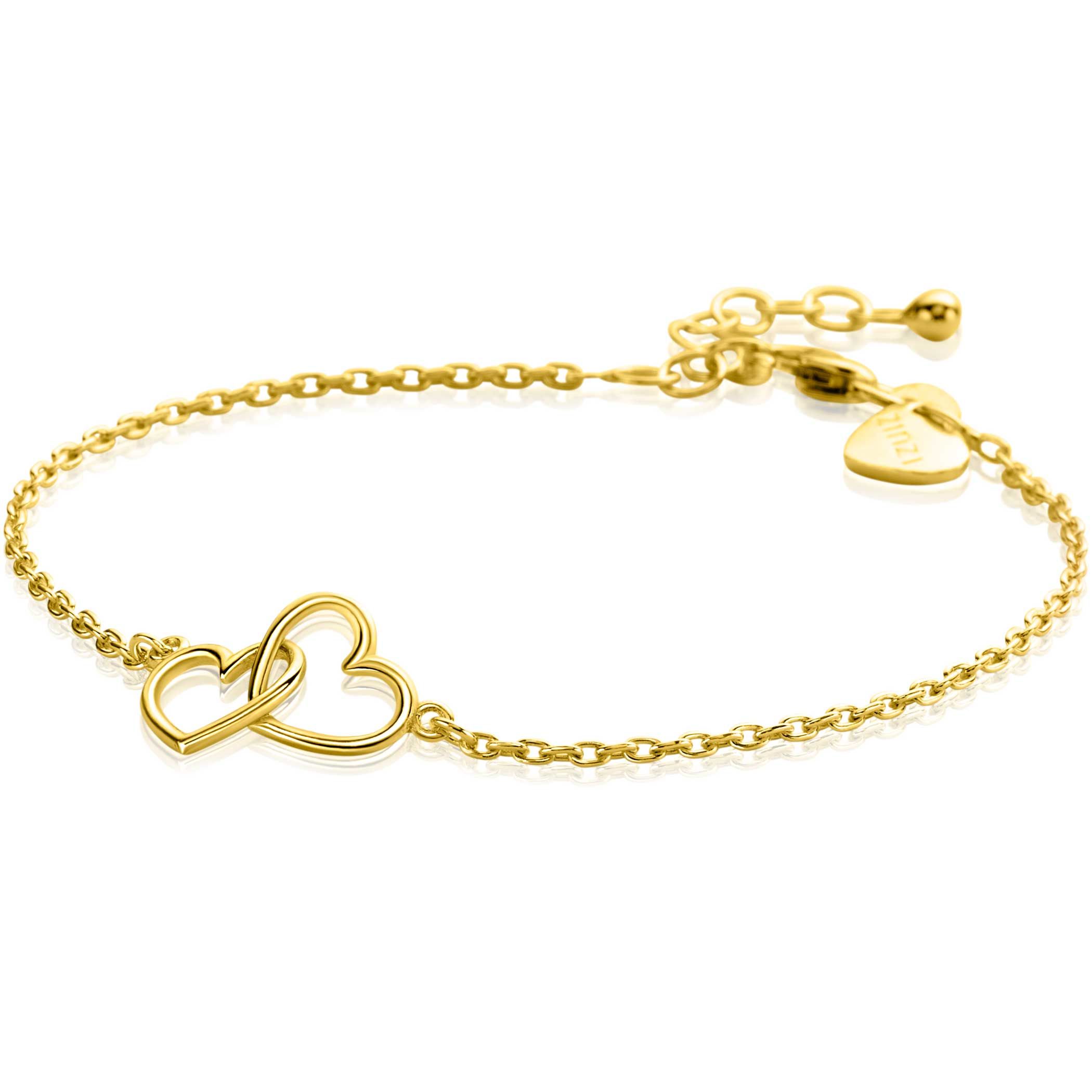 De ZINZI goud vergulde zilveren armband, modelnummer ZIA2713G, is een stijlvolle gourmette met twee verbonden hartjes. Deze armband is gemaakt van zilver en heeft een gouden kleur. De lengte varieert van 16,5 tot 19,5 cm. Draag het solo of combineer het met andere armbanden voor een trendy look. Perfect voor elke gelegenheid.