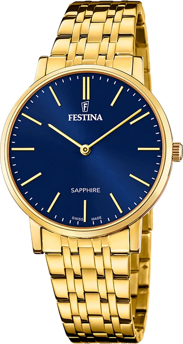 Op zoek naar een stijlvol horloge dat zowel elegantie als functionaliteit combineert? Dan is de FESTINA F20046/4 het perfecte horloge voor jou! Dit prachtige horloge heeft een analoge tijdaanduiding en werkt op quartz uurwerk, waardoor je altijd nauwkeurig de tijd kunt aflezen.

De FESTINA F20046/4 heeft een slanke hoogte van slechts 7 mm en een klassieke ronde vorm behuizing in een goudkleurige afwerking. De behuizing is gemaakt van hoogwaardig roestvrij staal, wat zorgt voor duurzaamheid en een luxe uitstraling.

De wijzerplaat van dit horloge is uitgevoerd in een prachtige blauwe kleur, wat zorgt voor een opvallende en trendy look. Het glas van de FESTINA F20046/4 is gemaakt van saffier, waardoor het horloge goed beschermd is tegen krassen en beschadigingen.

De goudkleurige band van de FESTINA F20046/4 is gemaakt van roestvrij staal en heeft een vlinder- of vouwsluiting, waardoor het horloge comfortabel om de pols zit en eenvoudig te sluiten is. Helaas heeft dit horloge geen datumweergave, maar met zijn waterdichtheid van 5 bar kun je er wel mee douchen zonder zorgen.

Als officieel Festina verkooppunt garanderen wij de authenticiteit van de FESTINA F20046/4 en bieden wij een uitstekende service en garantie. Dit horloge is de perfecte keuze voor wie op zoek is naar een tijdloos en kwalitatief horloge met een vleugje luxe. Bestel nu jouw FESTINA F20046/4 en geniet van de perfecte combinatie van stijl en functionaliteit!