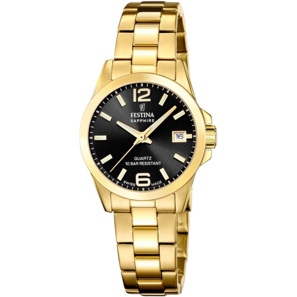 Vous recherchez une montre élégante et de haute qualité ? Alors la FESTINA SWISS MADE F20050/4 est la montre parfaite voor jou! Cette belle montre a une apparence classique et élégante et est équipée des dernières technologies. L'indication de l'heure de la FESTINA SWISS MADE F20050/4 est analogique, ce qui garantit un affichage clair et pratique de l'heure. Le mouvement de cette montre est à quartz, ce qui garantit une indication de l'heure précise et fiable. Le diamètre du boîtier est de 30 mm et la hauteur est de 9 mm, ce qui rend cette montre parfaite pour les hommes et les femmes. La forme du boîtier de la FESTINA SWISS MADE F20050/4 est ronde et la couleur du boîtier est dorée. Le boîtier est en acier inoxydable, ce qui garantit durabilité et qualité. Le cadran de cette montre est de couleur noire et le verre est en saphir, ce qui garantit un affichage clair et résistant aux rayures. La couleur du bracelet de la FESTINA SWISS MADE F20050/4 est également de couleur or et le bracelet est en métal. en acier inoxydable. Le bracelet est doté d'une boucle papillon ou déployante, qui assure un ajustement confortable et sûr. Cette montre est également équipée d'un affichage de la date, vous savez donc toujours la date exacte. La FESTINA SWISS MADE F20050/4 est étanche jusqu'à 10 bars, ce qui signifie que vous pouvez nager avec. Cette montre est donc parfaite pour un usage quotidien et pour les activités sportives. En tant que point de vente officiel Festina , nous pouvons garantir que cette montre est de qualité supérieure et durera des années. Commandez dès maintenant la FESTINA SWISS MADE F20050/4 et profitez d'une montre intemporelle et élégante !