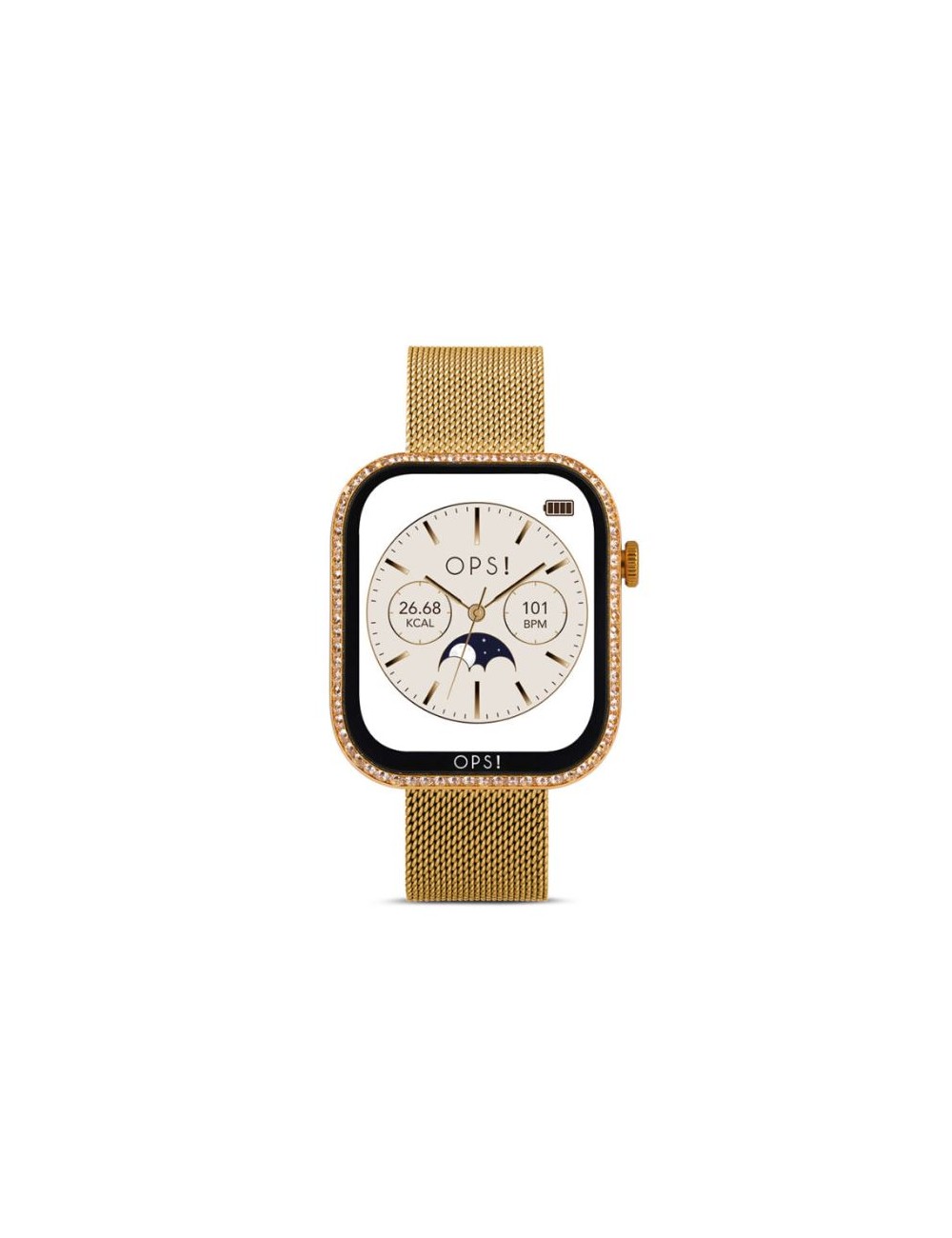 De OPS! Smartwatch CALL Pro Diamonds mesh goud, modelnummer OPSSW65, biedt functies zoals oproepen, notificaties, stappenteller, hartslagmeting, bloeddrukmeter, slaapmonitor en meer. Draag het stijlvolle horloge comfortabel met de verstelbare milanese mesh band. Ideaal voor dagelijks gebruik en sportactiviteiten. Voeg een vleugje luxe toe aan je pols met de gouden afwerking.
