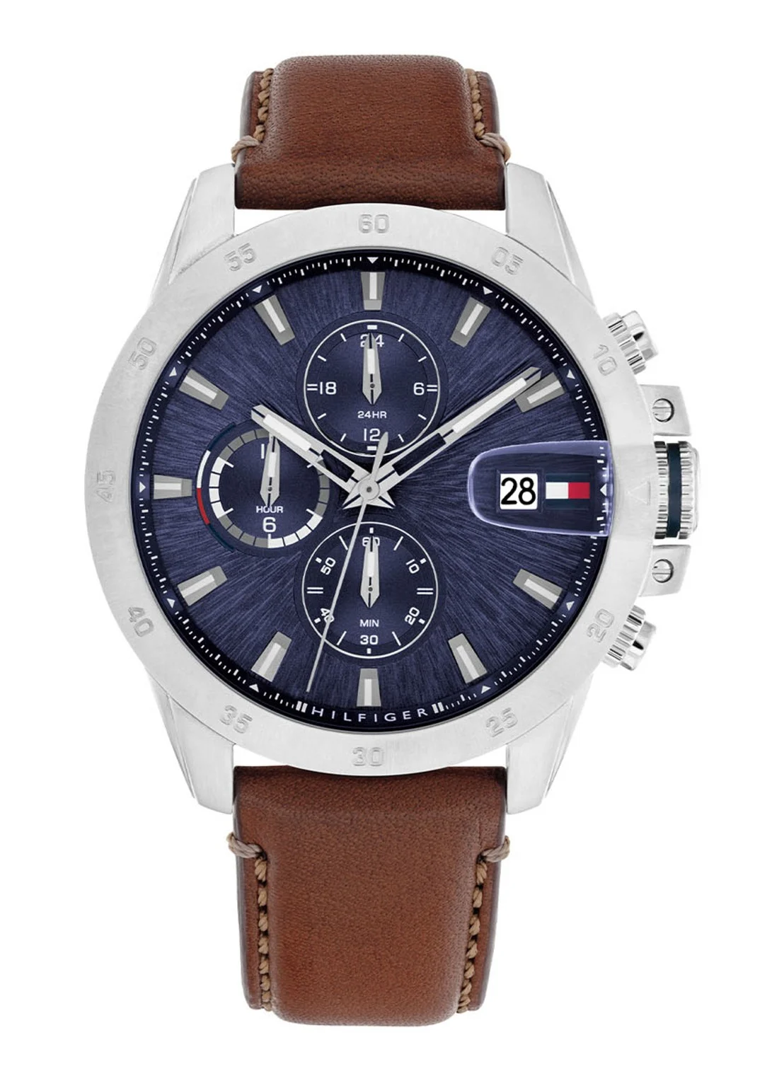 Het Jameson multifunctionele horloge voor heren heeft een zilverkleurige stalen kast van 43 mm en een blauwe wijzerplaat. De bruine leren band biedt comfort, terwijl het mineraalglas bescherming biedt. Met een waterbestendigheid van 5 ATM en een quartz uurwerk zorgt het horloge voor nauwkeurige tijdsaanduiding en een praktische datumaanduiding. Dit horloge heeft een gesp sluiting.