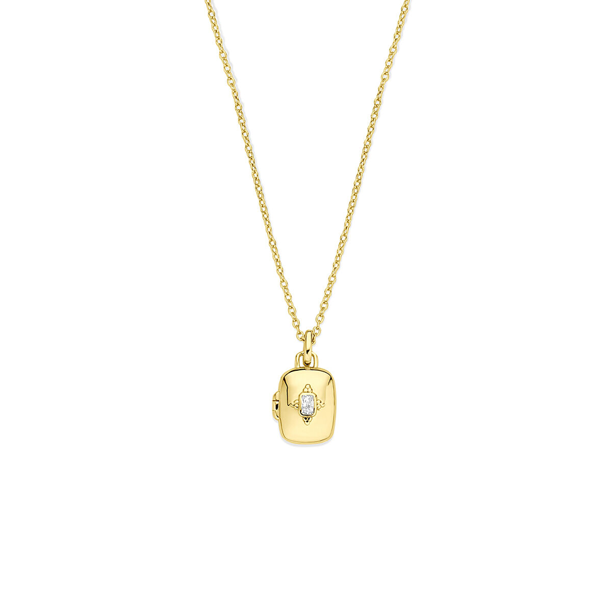 Verguld geel op 925 zilveren collier uitgevoerd met zirkonia en een medaillon. Het collier heeft een draaglengte van 42cm met 3cm extensie. Geen garantie op plating.
