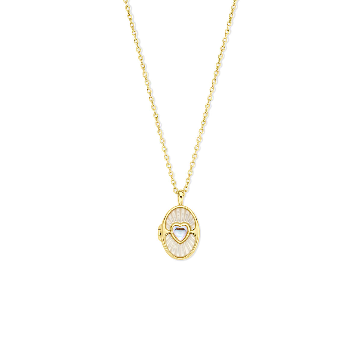 Verguld geel op 925 zilveren collier uitgevoerd met een hartje een medaillon met parelmoer. Het collier heeft een draaglengte van 42cm met 3cm extensie. Geen garantie op plating.
