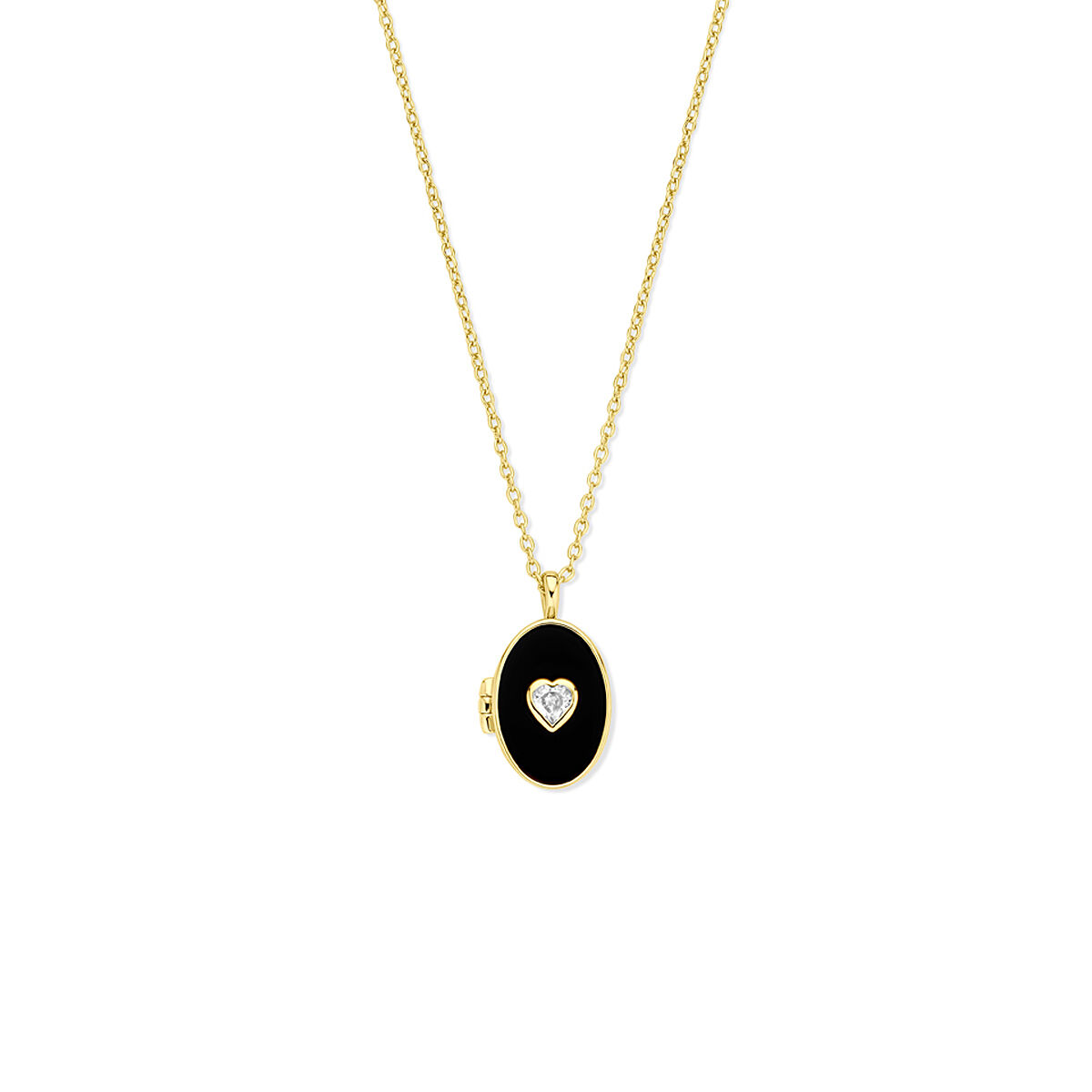Verguld geel op 925 zilveren collier uitgevoerd met een hartje zirkonia en een onyx medaillon. Het collier heeft een draaglengte van 42cm met 3cm extensie. Geen garantie op plating.