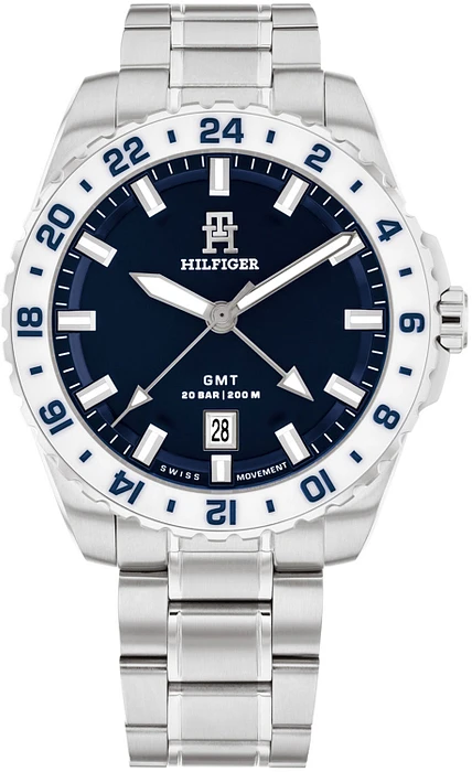 Dit horloge uit de TH85 serie is een Swiss GMT automatic horloge. Het horloge heeft een diameter van 42 mm. De band van het horloge is een schakelband. De waterdichtheid is 20ATM. Het horloge is zilverkleurig met een blauwe achter wijzerplaat. De witte rand is gemaakt van ceramiek.