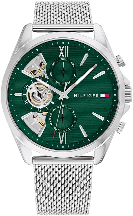 Tommy Hilfiger TH1710647 Horloge Heren Staal Zilverkleurig 44mm
Dit specifieke horloge van Tommy Hilfiger uit de Baker serie met artikelnr: TH1710647 is een stoer herenhorloge die zeker in je collectie past. Het stalen herenhorloge heeft een ronde zilverkleurige kast met een gladde bezel en een groene wijzerplaat met dag,- datum en 24-uursaanduiding en zilverkleurige wijzers en accenten. De zilverkleurige milanese band is op lengte verstelbaar en heeft een druksluiting. Het horloge heeft een mineraalglas, een doorsnee van 44mm en is 5ATM. 

Het merk:
Sinds de lancering van het merk in 1985 is Tommy Hilfiger wereldwijd bekend geworden als pionier van de klassieke Amerikaanse coole stijl. Geïnspireerd door de iconische popcultuur en het Amerikaanse erfgoed. De dames en herencollectie van dit seizoen bestaan uit minimalistische silhouetten en rustieke lederen details. De herenhorlogecollectie biedt iconische uurwerken met roestvrijstalen, lederen en siliconen banden.

Specificaties:
- Mineraalglas
- Ronde kast 44mm
- Zilverkleurige horlogekast
- Groene wijzerplaat
- Zilverkleurige milanese band 
- 5ATM