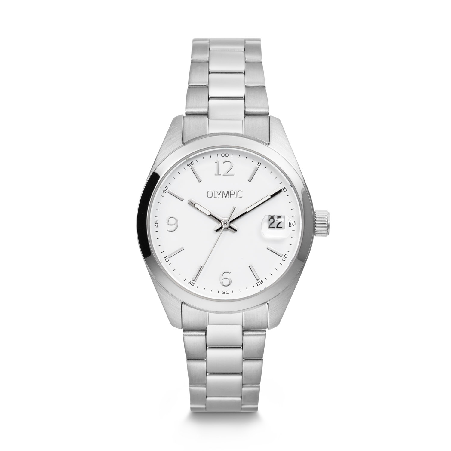 Olympic dames pols horloge staal met stalen band en witte wijzerplaat. 5 ATM waterdicht.