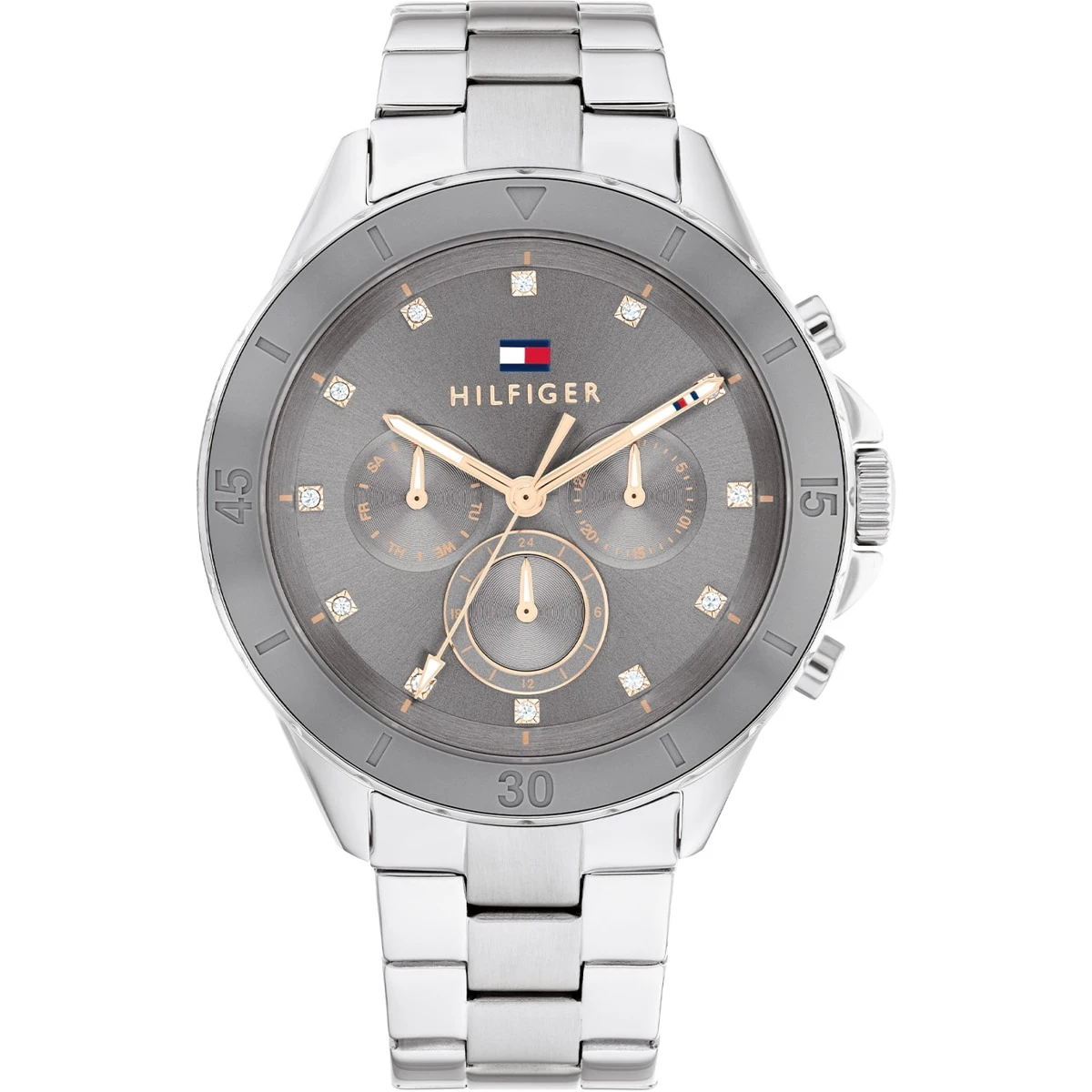 Tommy Hilfiger TH1782742 MELLIE Dames Horloge

- Behuizing gemaakt van staal, in de kleur zilver
- Horlogeband gemaakt van staal, in de kleur zilver, met vlinder- of vouwsluiting
- Quartz uurwerk, werkt op batterijen
- Datum weergave
- Voorzien van mineraalglas, krasbestendig
- 5 ATM waterdicht, geschikt om mee te douchen.
- Breedte van de behuizing is 40 mm
- Dikte van de behuizing is 10.7 mm