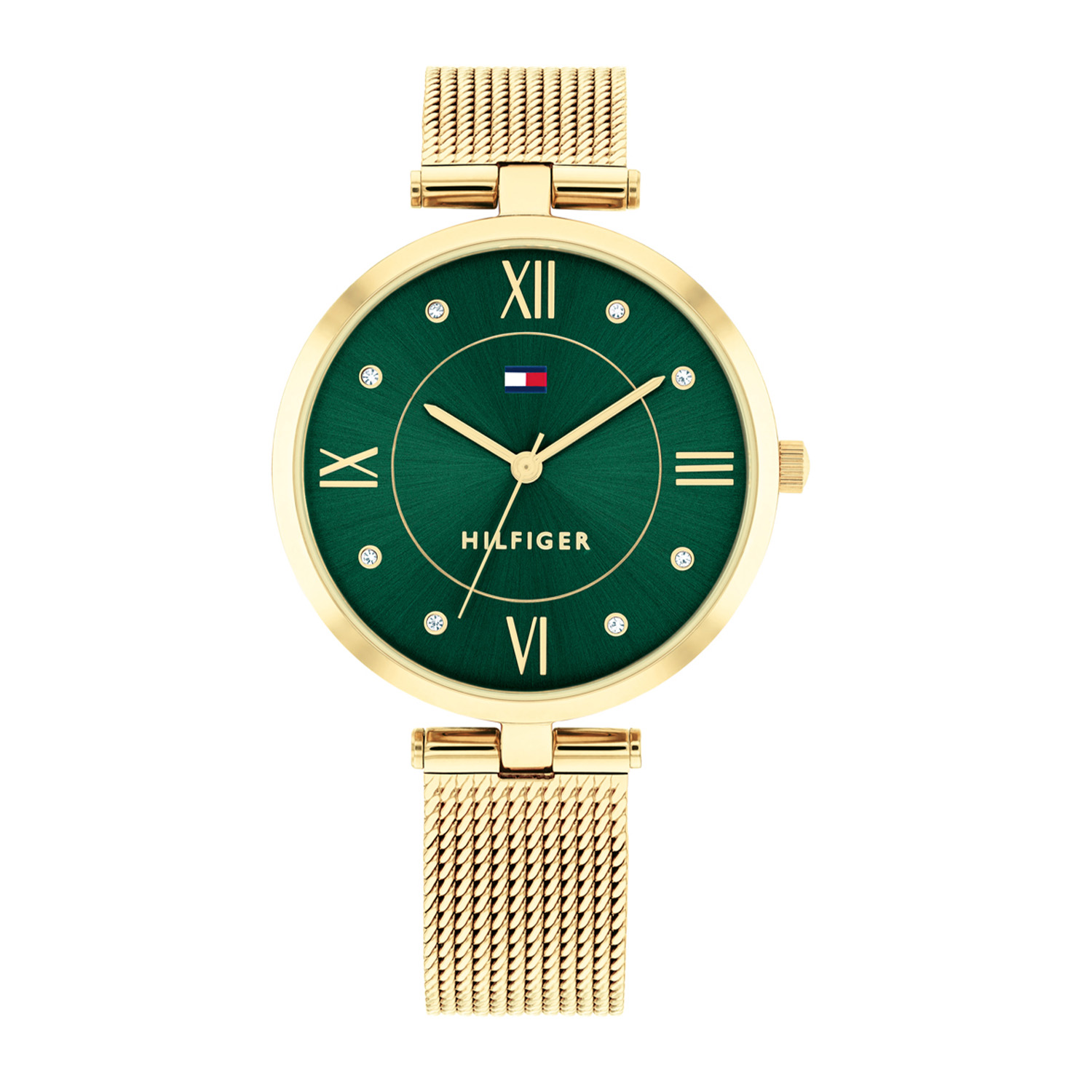 Dit Tommy Hilfiger horloge behoort tot de Ella collectie.
Referentienummer: TH1782711 

Dit specifieke horloge van Tommy Hilfiger uit de Ella serie met artikelnr: TH1782711 is een chique dameshorloge die niet in je collectie mag ontbreken. Het stalen dameshorloge heeft een ronde goudkleurige kast met een gladde bezel en een groene sunray wijzerplaat met op sommige uren een kristal en op andere uren romeinse cijfers. Met een speciale aanzet aan de kast zit een fijne goudkleurige milanese band. Het horloge heeft een mineraalglas, een doorsnee van 34mm en is 3ATM.  
