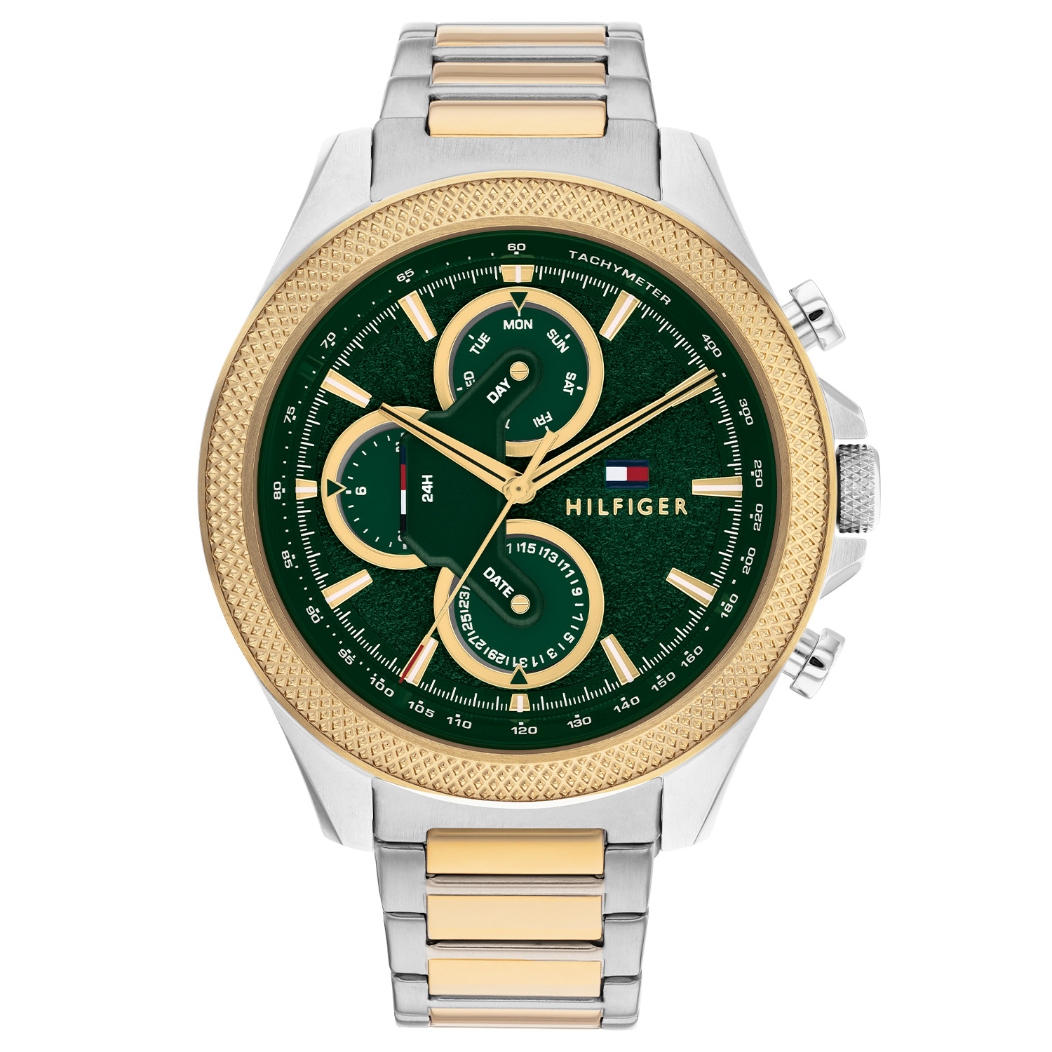 Tommy Hilfiger TH1792079 Horloge Heren Staal Bi-color 46mm
Dit specifieke horloge van Tommy Hilfiger uit de Clark serie met artikelnr: TH1792079 is een sportief herenhorloge die zeker in je collectie past. Het stalen herenhorloge heeft een ronde zilverkleurige kast met een stoere bewerkte goudkleurige bezel en een groene wijzerplaat dag,- datum en 24-uursaanduiding en goudkleurige wijzers en accenten. De bi-color schakel band is op lengte verstelbaar en heeft een vouwsluiting. Het horloge heeft een mineraalglas, een doorsnee van 46mm en is 5ATM. 

Het merk:
Sinds de lancering van het merk in 1985 is Tommy Hilfiger wereldwijd bekend geworden als pionier van de klassieke Amerikaanse coole stijl. Geïnspireerd door de iconische popcultuur en het Amerikaanse erfgoed. De dames en herencollectie van dit seizoen bestaan uit minimalistische silhouetten en rustieke lederen details. De herenhorlogecollectie biedt iconische uurwerken met roestvrijstalen, lederen en siliconen banden.

Specificaties:
- Mineraalglas
- Ronde kast 46mm
- Zilverkleurige horlogekast
- Groene wijzerplaat
- Bi-color schakelband 
- 5ATM