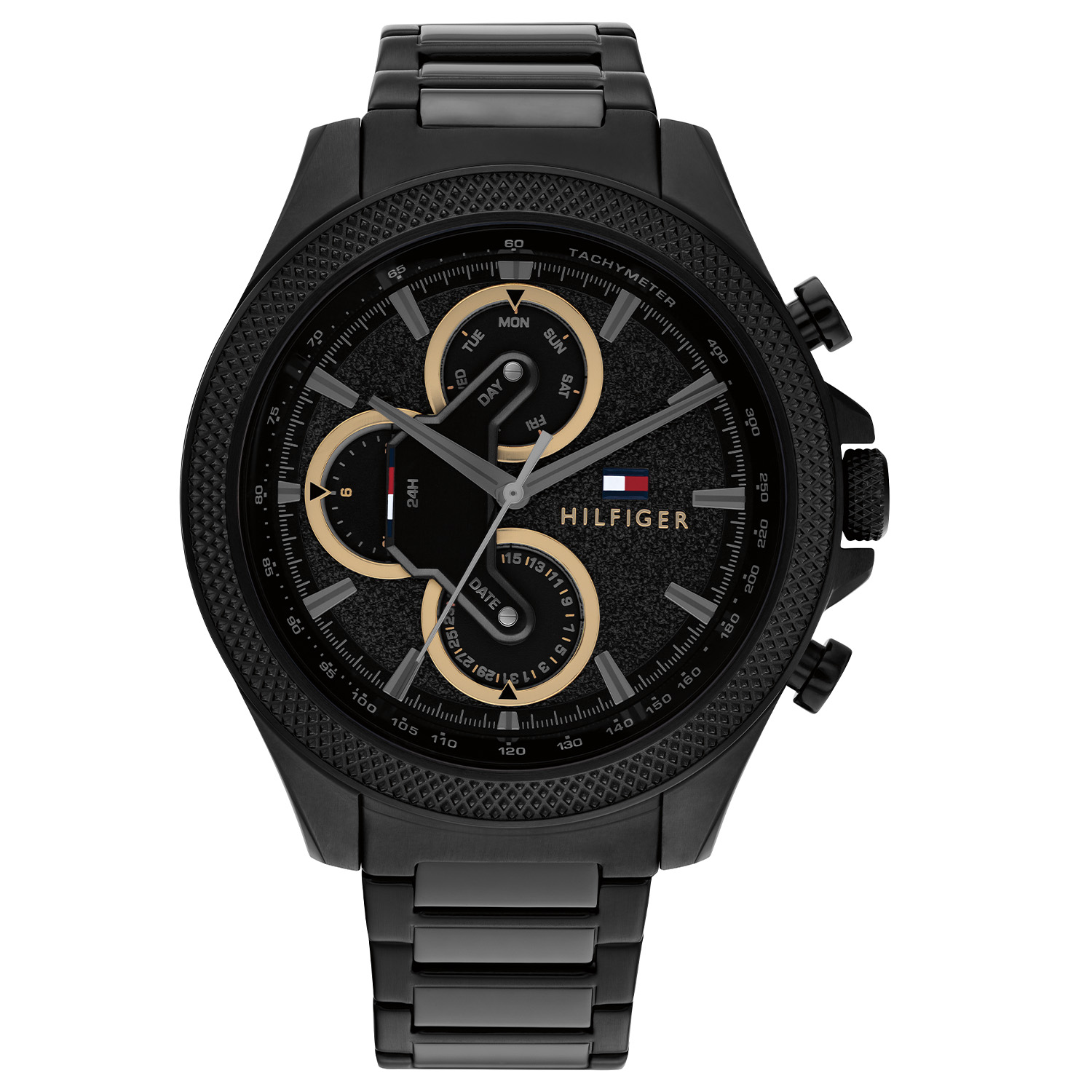 Tommy Hilfiger TH1792081 Horloge Heren Staal Zwart 46mm
Dit specifieke horloge van Tommy Hilfiger uit de Clark serie met artikelnr: TH1792081 is een sportief herenhorloge die zeker in je collectie past. Het stalen herenhorloge heeft een ronde zwarte kast met een stoere bewerkte zwarte bezel en een zwarte wijzerplaat dag,- datum en 24-uursaanduiding en goudkleurige wijzers en accenten. De zwarte schakel band is op lengte verstelbaar en heeft een vouwsluiting. Het horloge heeft een mineraalglas, een doorsnee van 46mm en is 5ATM. 

Het merk:
Sinds de lancering van het merk in 1985 is Tommy Hilfiger wereldwijd bekend geworden als pionier van de klassieke Amerikaanse coole stijl. Geïnspireerd door de iconische popcultuur en het Amerikaanse erfgoed. De dames en herencollectie van dit seizoen bestaan uit minimalistische silhouetten en rustieke lederen details. De herenhorlogecollectie biedt iconische uurwerken met roestvrijstalen, lederen en siliconen banden.

Specificaties:
- Mineraalglas
- Ronde kast 46mm
- Zwarte horlogekast
- Zwarte wijzerplaat
- Zwarte schakelband 
- 5ATM