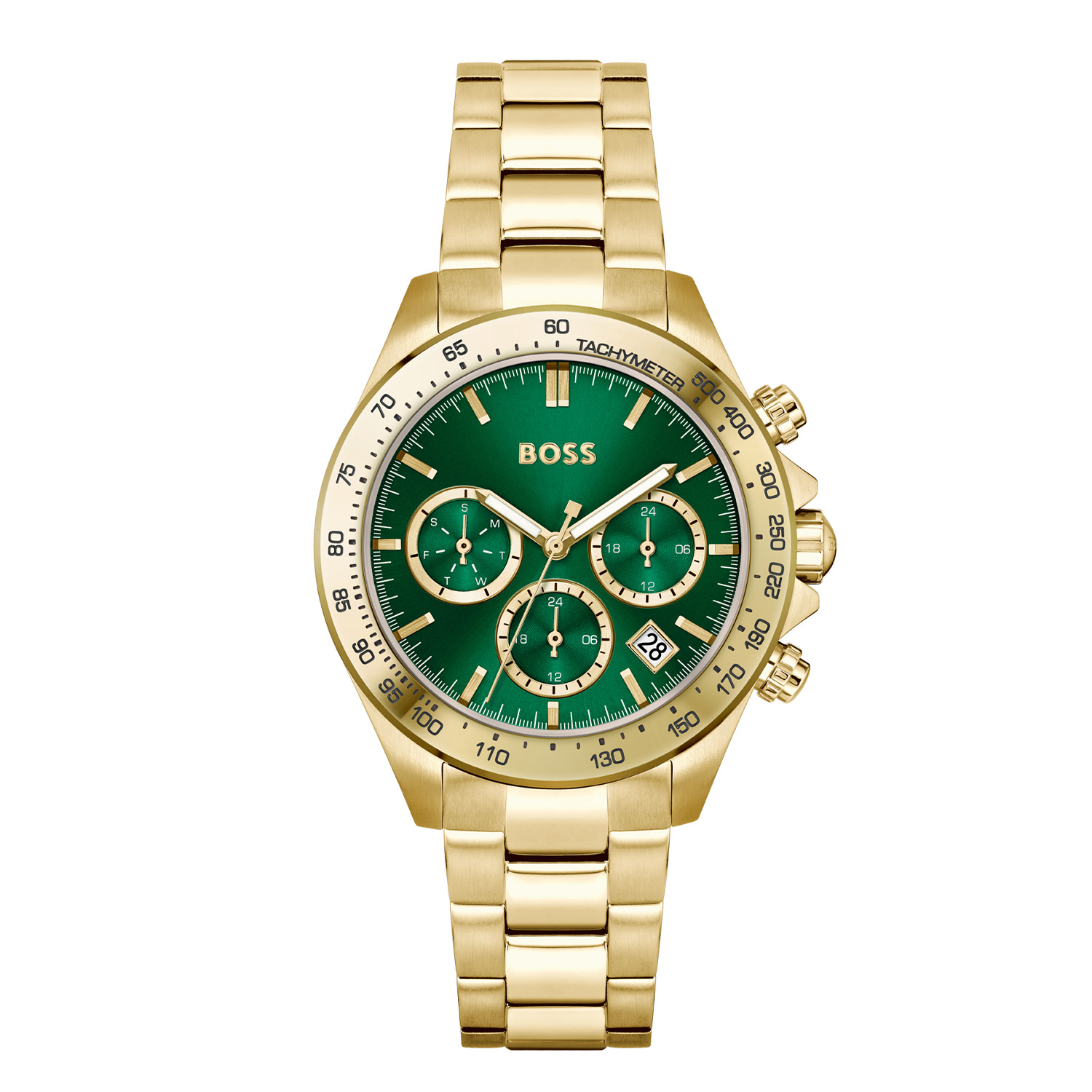 BOSS HB1502750 NOVIA-LE Dameshorloge 38mm 
Dit BOSS horloge uit de NOVIA-LE serie met artikelnr: HB1502750 heeft een stijlvolle look. Zeer geschikt voor de moderne stijlvolle vrouw van nu. Het dameshorloge valt op door zijn goudkleurige ronde horlogekast met een bewerkte bezel met een tachymeter en een groene sunray wijzerplaat met dag, datum, en 24-uursaanduiding. Aan de kast zit een goudkleurige stalen schakelband met vouwsluiting. De kast van het horloge heeft een doorsnee van 38mm met mineraalglas en is 5ATM. 

HET MERK:
HUGO BOSS is afgestemd op levensstijlen waar het gaat om kwaliteit en precisie. Het wereldwijde fashionlabel is verdeeld in twee merken: BOSS en HUGO. Het merk BOSS biedt geavanceerde, moderne horloges gericht op kwaliteit en design om een onberispelijke look te creëren – of het nu zakelijk, casual of sportief is. De horloge collectie van BOSS is perfect afgestemd op levensstijlen waar het gaat om kwaliteit en precisie. BOSS is op maat gemaakt in een onberispelijke stijl.

Blijf stijlvol bij de tijd. Voor de BOSS-vrouw is stijl het handelsmerk en draait alles om
details. Breng uw look naar een hoger niveau met onze nieuwe en kenmerkende horlogecollectie.

SPECIFICATIES:
- Mineraalglas
- Ronde kastvorm, Ø 38mm
- Goudkleurige horlogekast
- Groene wijzerplaat
- Stalen goudkleurige schakelband