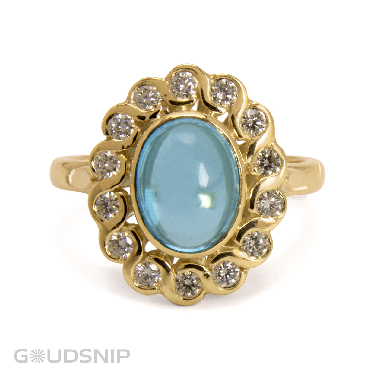 Geweldige eyecatcher: gouden ring met diamant en topaas, gemaakt in ons eigen atelier. Deze ring kunnen we met elke gewenst steen maken. 