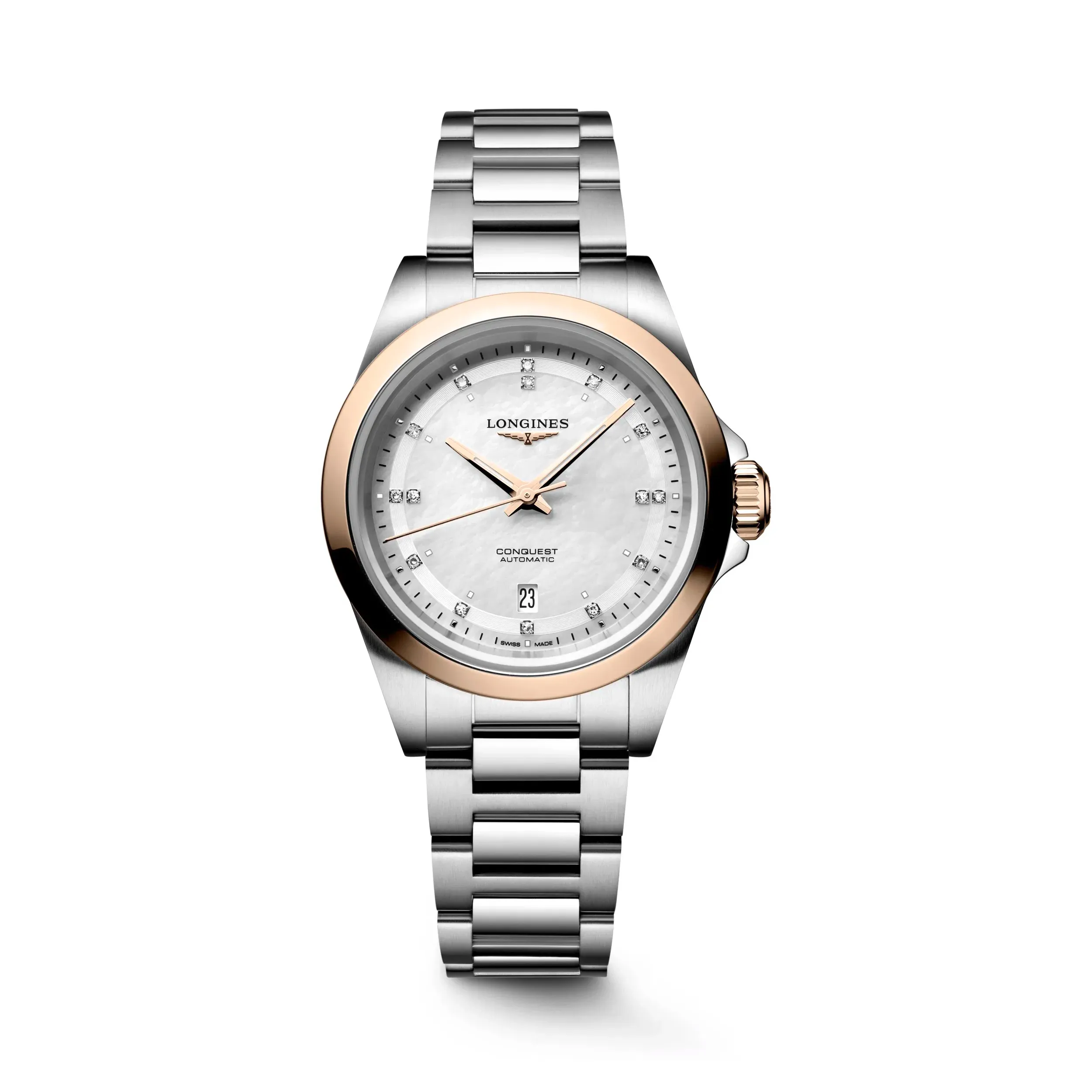 Dit Longines horloge behoort tot de Conquest collectie.
Referentienummer: L3.320.5.87.6

Dit Longines Conquest horloge is uitgerust met een automatisch uurwerk, met een monokristallijne silicium balansveer gangreserve tot 45 uur. De kast is gemaakt van edelstaal en 18-karaats roségouden cap 200, de band is ook gemaakt van edelstaal. Het horloge heeft een diameter van 30mm en is getest op een waterdichtheid van 10 ATM / 100 M. De witte parelmoer wijzerplaat is voorzien van een datumvenster op 6 uur en rosegoudkleurige wijzers en diamanten indexen. Het horloge heeft een krasvrij saffierglas met een anti-reflectieve coating aan beide zijden.