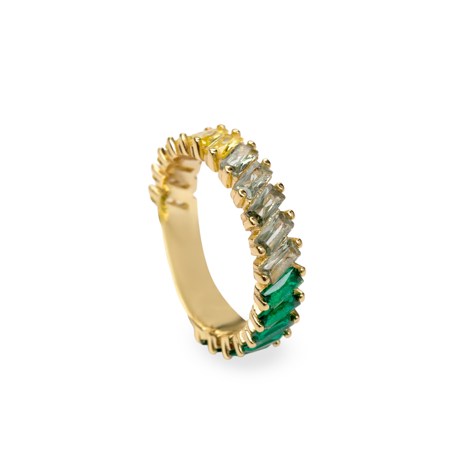 Ring met baguette geslepen stenen in groene tinten