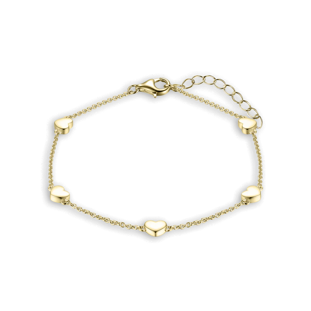 Zilver/vergulde armband met hartjes ertussen, verstelbaar in lengte 17+3cm