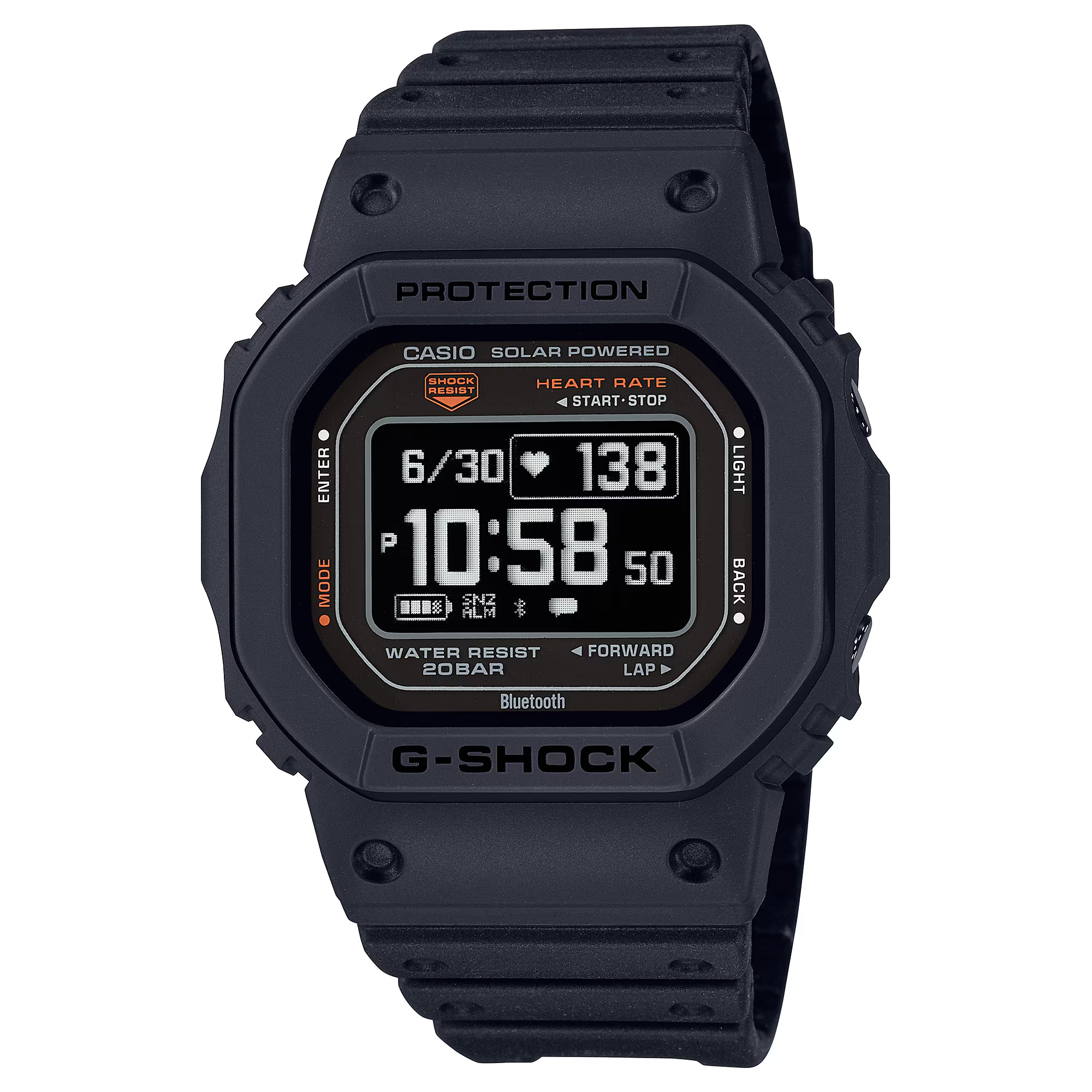 Neem de controle en verleg je grenzen met de DW-H5600, uit de stevige, sportieve G-SQUAD-serie G-SHOCK-horloges. Dit multisport horloge zit boordevol functies waarmee je allerlei work-outs kunt bijhouden. Meet je hartslag met de optische sensor en gebruik de versnellingsmeter om stappen te tellen. Je kunt gebruikmaken van de PolarTM-smartwatchbibliotheek om work-outs te analyseren, je herstel na het slapen bij te houden en ademhalingsoefeningen te ondersteunen. Je kunt zelfs de oximeter gebruiken om het zuurstofgehalte in je bloed te meten. Of je nou hardloopt, wandelt of een work-out doet, deze essenti&euml;le uitrusting bevat een Memory-in-Pixel (MIP) LCD-scherm in hoge resolutie voor een goed zichtbare en eenvoudig leesbare weergave, waar je ook bent. Een goede conditie en gezondheid is onlosmakelijk verbonden met zorg voor het milieu. Daarom is de rand en de band gemaakt van hars op biologische basis. Bioplastic wordt vervaardigd uit hernieuwbare organische materialen. Dit zijn hoogmoleculaire, chemisch of biologisch gesynthetiseerde materialen die de impact op het milieu verminderen en de overgang naar een circulaire economie vergemakkelijken. Laad de batterij op via een USB-aansluiting of met zonne-energie zodat je altijd optimaal kunt presteren.

 

＊Het PolarTM-woordmerk en de PolarTM-logo's zijn gedeponeerde handelsmerken van Polar Electro Oy.