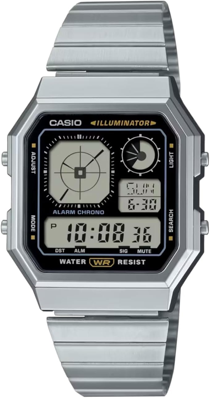 Een digitaal horloge met een analoog display, verpakt in een gadgety look waar je dol op bent. 

Een retro-futuristisch gezicht wordt gecombineerd met stijlvolle metallic kleuren en effectieve accentkleuren, die een passie voor gadgets laten zien.

Gedurfd eclectisch en nog praktisch ook. Boordevol handige functies zoals waterbestendigheid voor dagelijks gebruik, LED-achtergrondverlichting, stopwatch, alarm en meer.