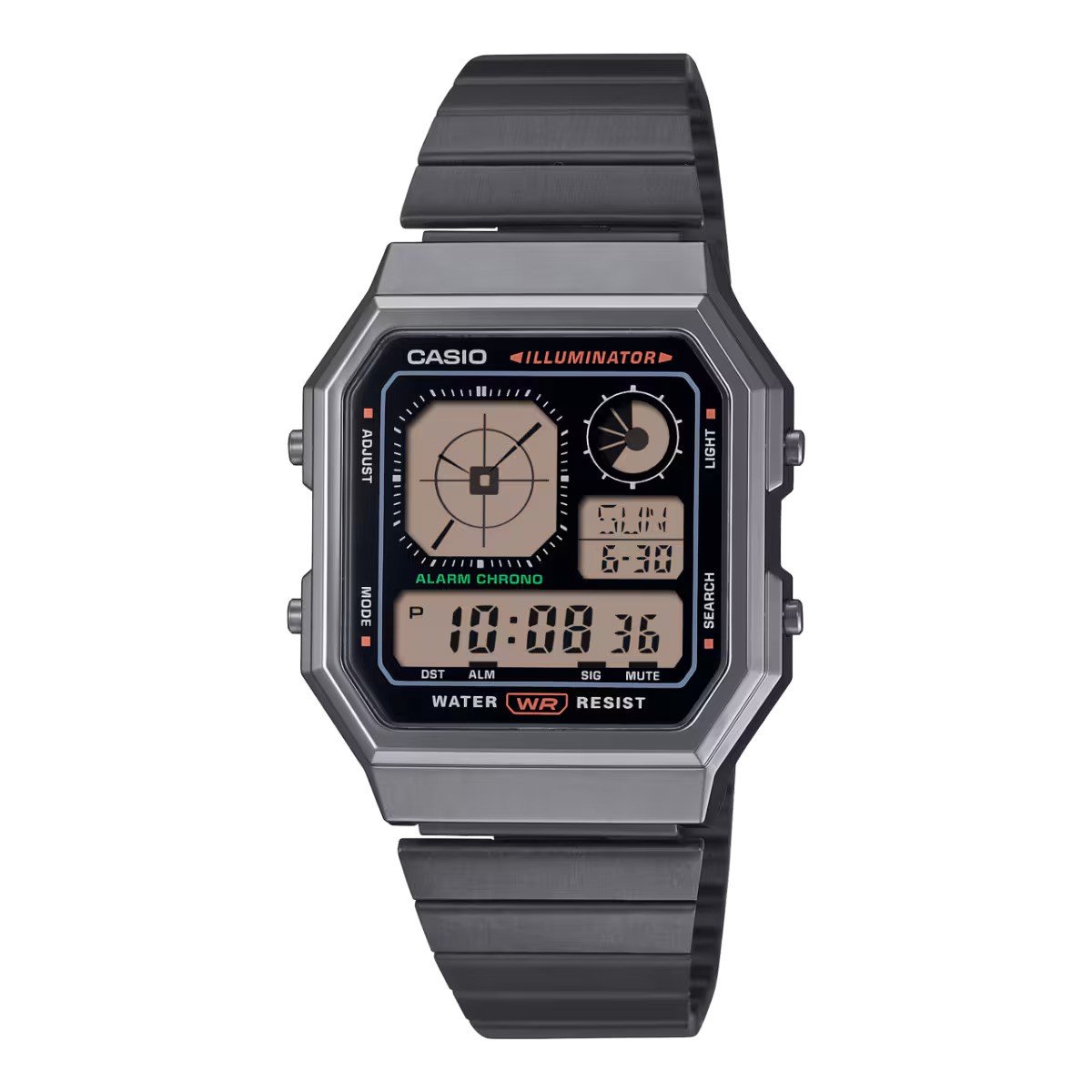 Een digitaal horloge met een analoog display, verpakt in een gadgety look waar je dol op bent. 

Een retro-futuristisch gezicht wordt gecombineerd met stijlvolle metallic kleuren en effectieve accentkleuren, die een passie voor gadgets laten zien.

Gedurfd eclectisch en nog praktisch ook. Boordevol handige functies zoals waterbestendigheid voor dagelijks gebruik, LED-achtergrondverlichting, stopwatch, alarm en meer.