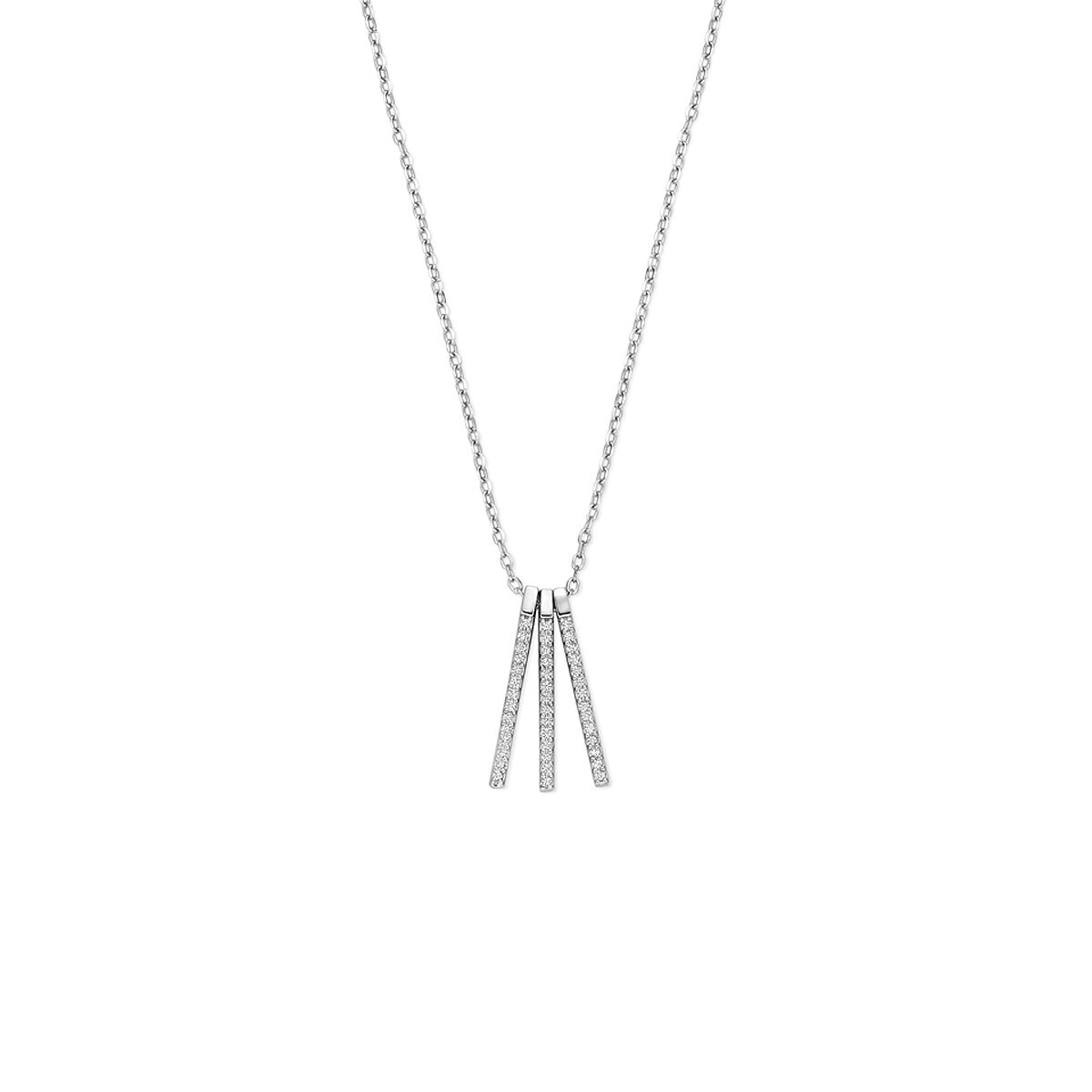 Gerhodineerd 925 zilveren collier uitgevoerd met zirkonia. Het collier heeft draaglengtes van 41-43-45cm.