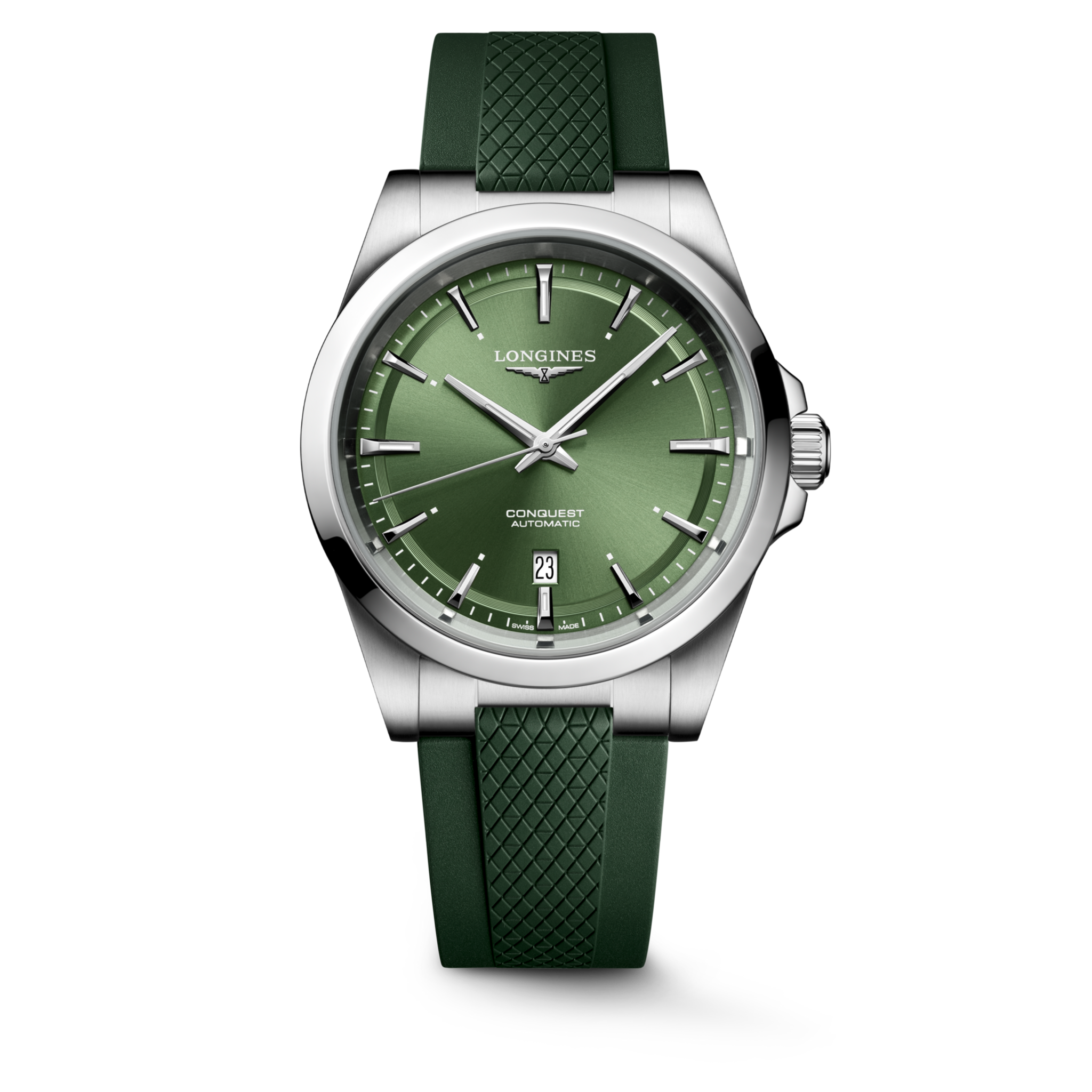 Dit Longines horloge behoort tot de Conquest collectie.
Referentienummer: L3.830.4.02.9

Dit Longines horloge is voorzien van een automatisch L888 uurwerk met een gangreserve van 72 uur. De kast is gemaakt van roestvrij staal en wordt aangevuld met een groene rubberen band. De bijpassende groene wijzerplaat is voorzien van witte superluminova waardoor het zelfs in het donker goed afleesbaar is. Het horloge heeft een diameter van 41 mm en is getest op een waterdichtheid van 10 ATM / 100 meter.

Horloges van Longines met automatische uurwerken genieten van een verlengde fabricagegarantie van 5 jaar. Deze langere garantieperiode onderstreept de uitzonderlijke kwaliteit en het vakmanschap van de automatische uurwerken van Longines.
