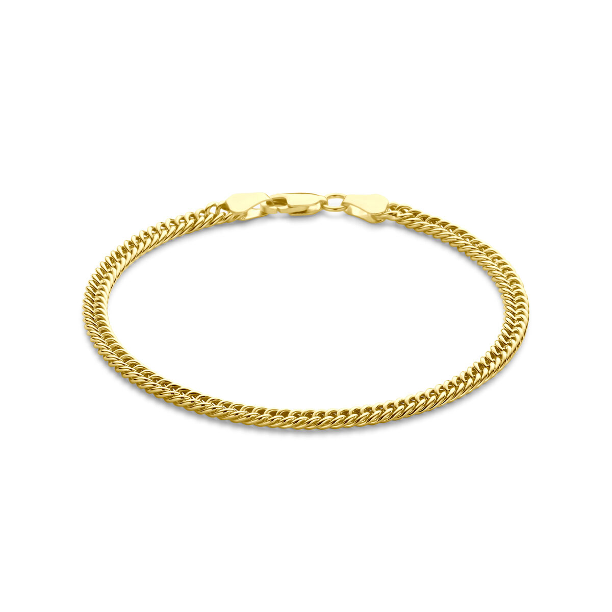 14k Geelgouden armband met een kern van 925 zilver. De armband heeft een draaglengte van 19cm en een schakelbreedte van 3.8mm. Uitgevoerd met karabijnsluiting.
