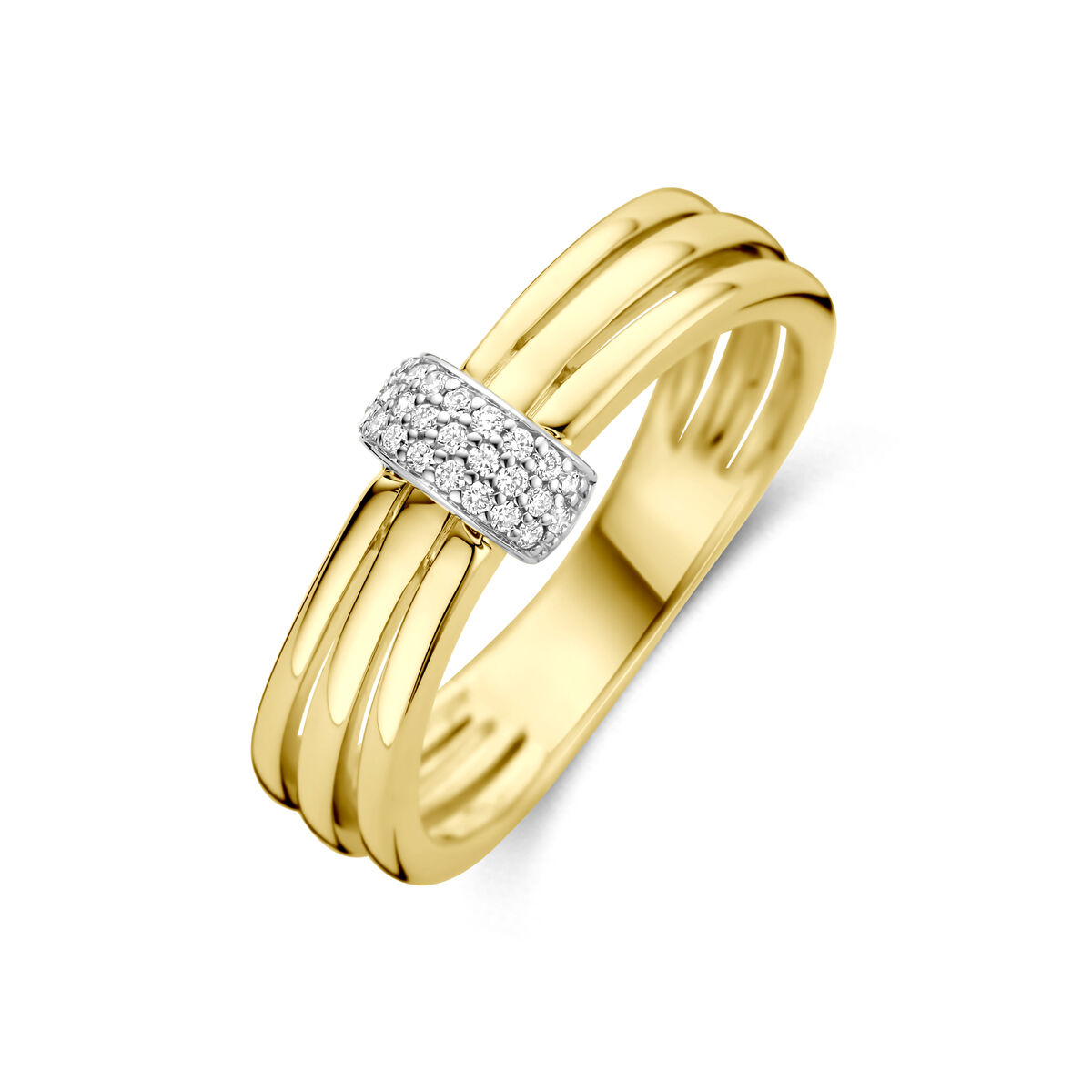 14k Bicolor geel en witgouden ring uitgevoerd met diamant. De ring heeft een breedte van 7mm. Het totale diamantgewicht is 0.08ct.
