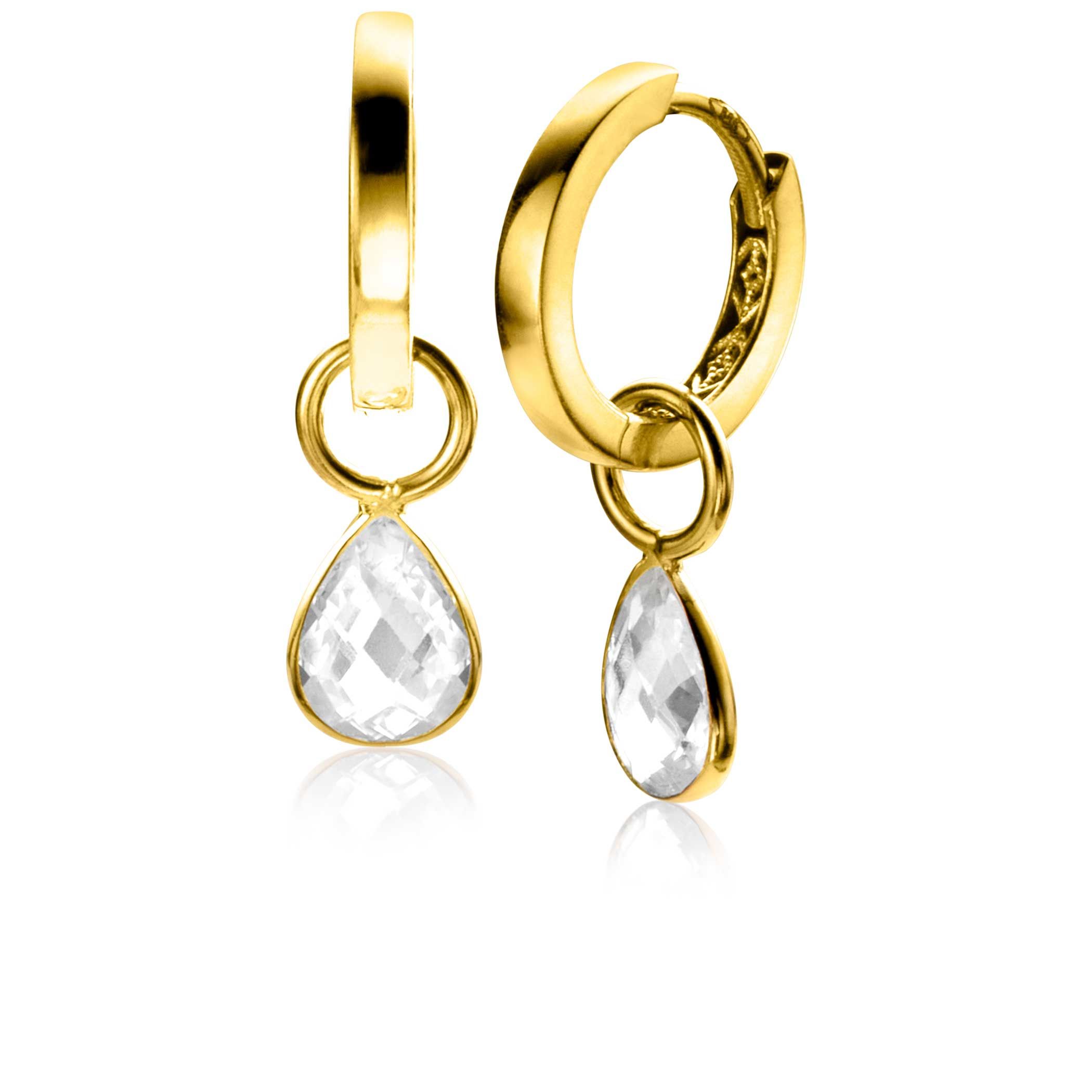 ZINZI Gold 14 karaat gouden oorbedels in peervorm, bezet met witte zirconia's. Hang deze oorbedels sierlijk aan je goudenoorringen. De oorringen zijn niet bij de prijs inbegrepen.