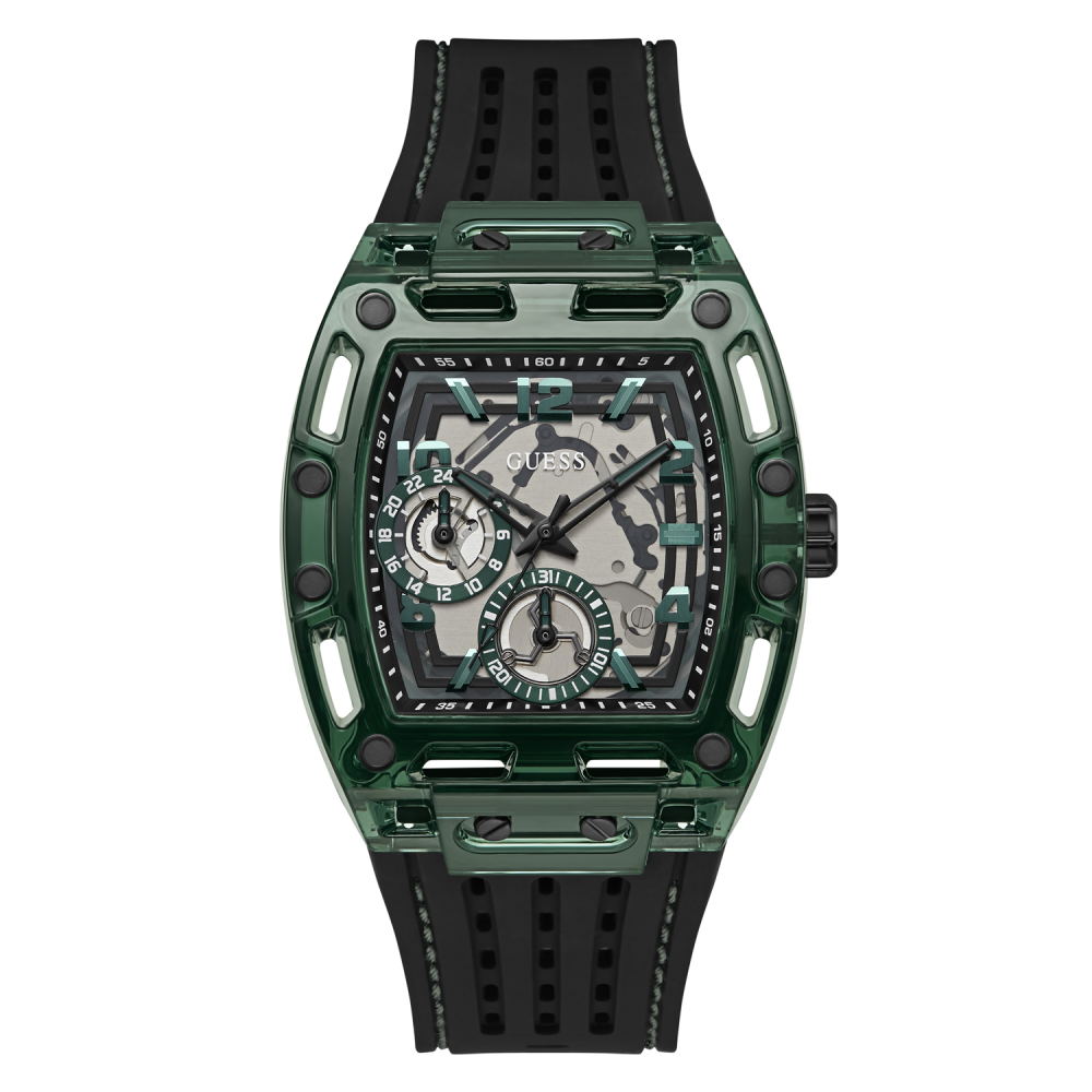 Het Guess Phoenix Herenhorloge met modelnummer GW0499G7 is een stijlvol polshorloge met een behuizing van plastic en siliconen. Het heeft een zwarte horlogeband en een groene kast en een grootte van 41,5 mm. Draag dit horloge casual of sportief voor een moderne look. Perfect voor dagelijks gebruik.