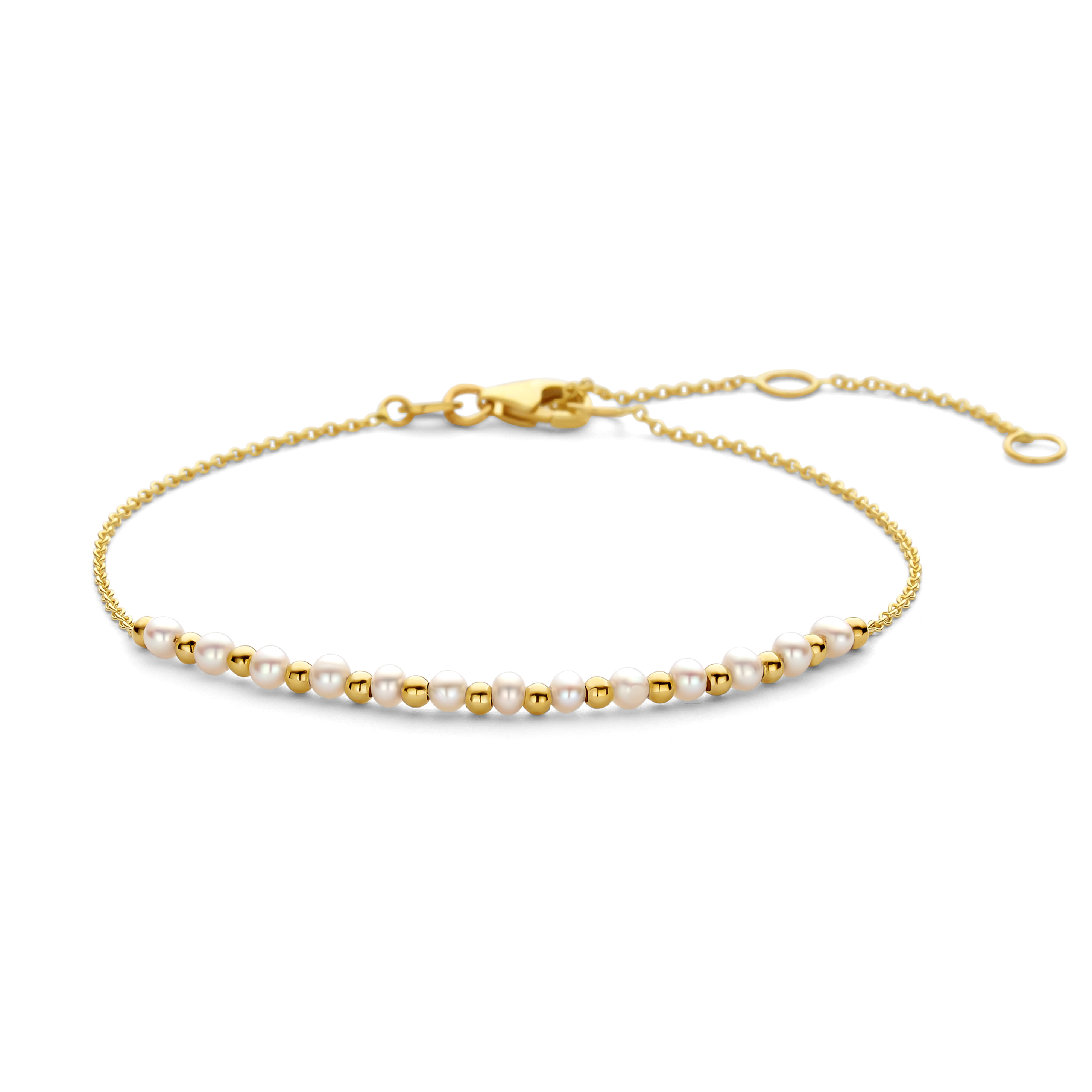 14 karaats geelgouden armband met zoetwaterparels
draaglengte 15-19 cm