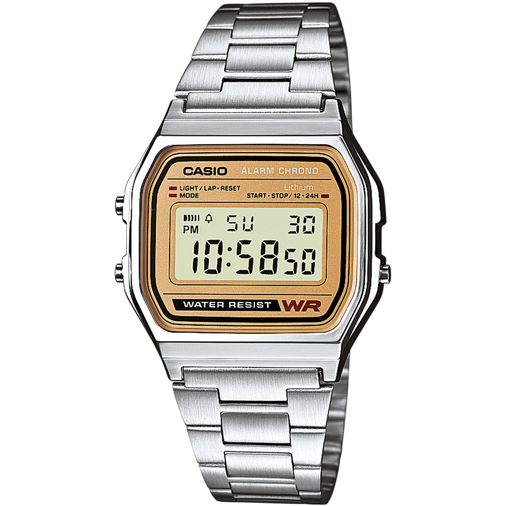 casio Een klassiek digitaal horloge met een zilverkleurige roestvrijstalen armband en goudkleurige wijzerplaat - een beproefde stijl die altijd in de mode zal zijn. Dankzij het dagelijkse alarm, het uursignaal en de automatische kalender hoeven we ons nooit meer zorgen te maken dat we een afspraak missen.