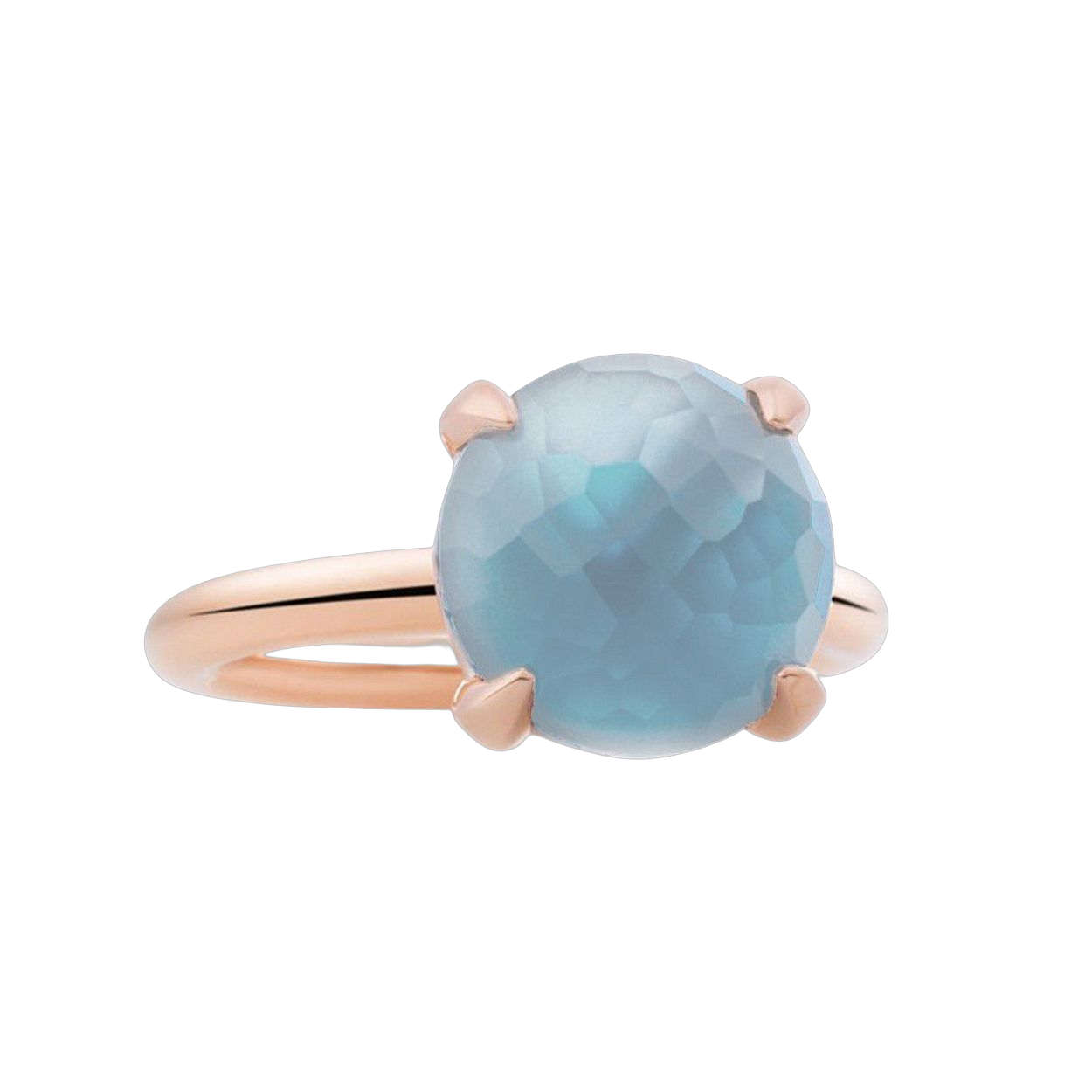 Een 18 krt rosé gouden ring Bron model catch met een blauwe topaas gefacetteerd geslepen.